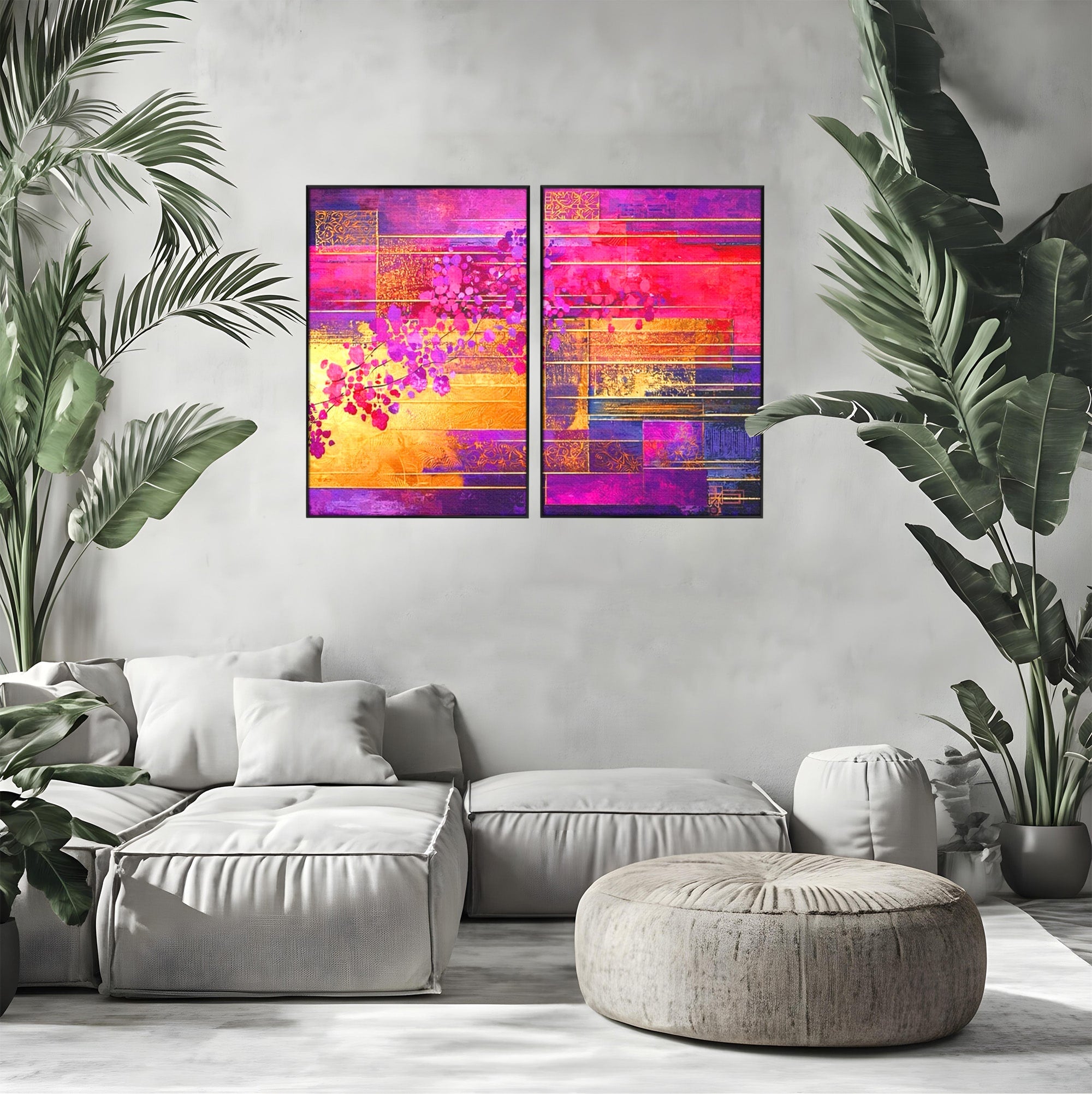 Set 2 Tablouri Canvas Premium LuxCanva® C2-1275, Gradina dintre linii, Geometrie, Mov, Roz, Abstract, Magenta, Linii, Textura, Armonie, Mister, Lumina, Eleganta, Violet, Auriu, Birou, Living, Dormitor