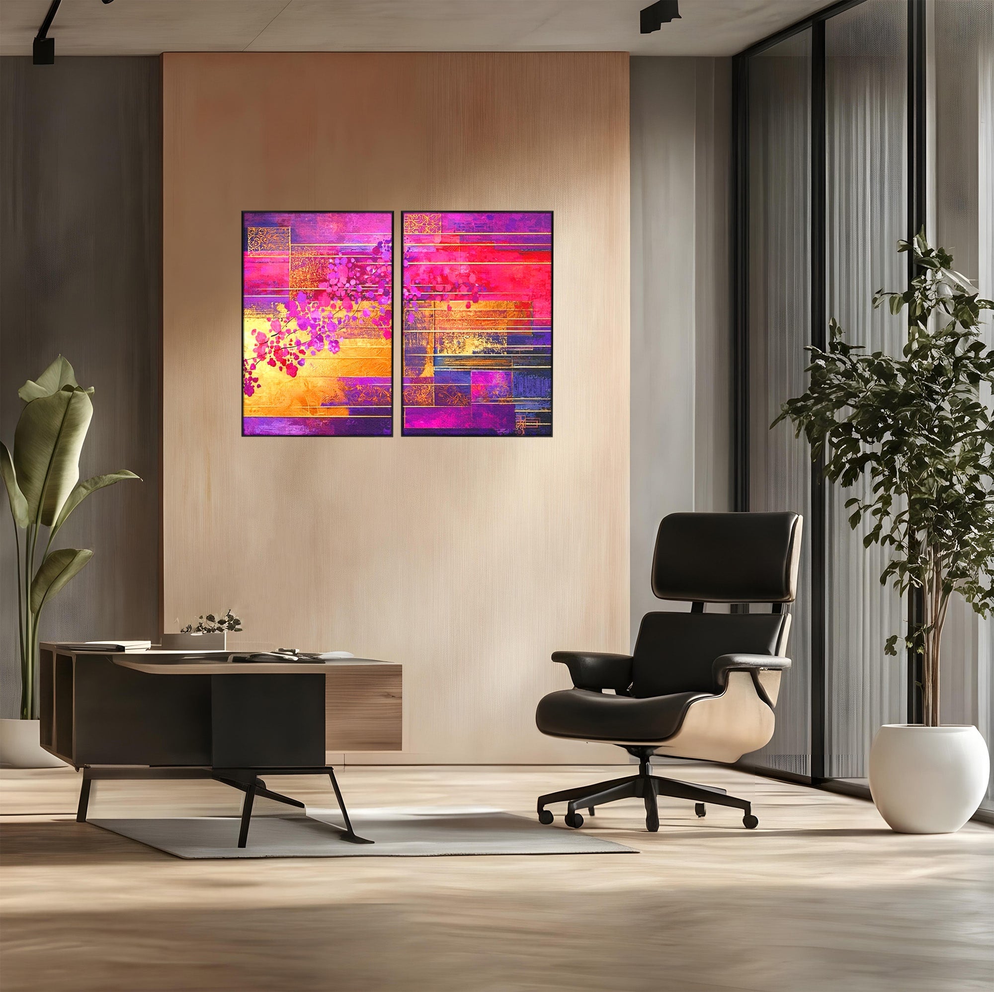 Set 2 Tablouri Canvas Premium LuxCanva® C2-1275, Gradina dintre linii, Geometrie, Mov, Roz, Abstract, Magenta, Linii, Textura, Armonie, Mister, Lumina, Eleganta, Violet, Auriu, Birou, Living, Dormitor