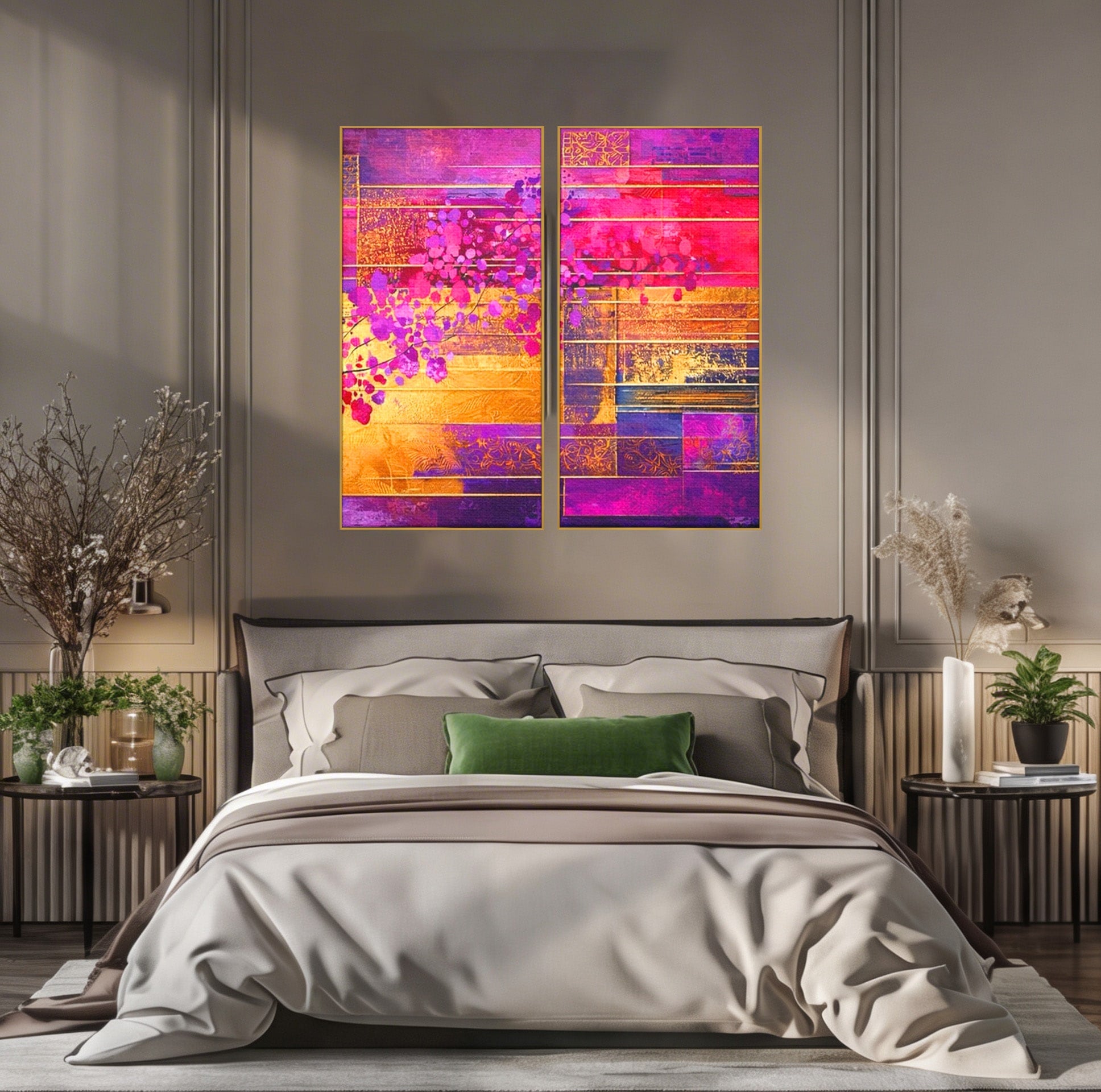 Set 2 Tablouri Canvas Premium LuxCanva® C2-1275, Gradina dintre linii, Geometrie, Mov, Roz, Abstract, Magenta, Linii, Textura, Armonie, Mister, Lumina, Eleganta, Violet, Auriu, Birou, Living, Dormitor