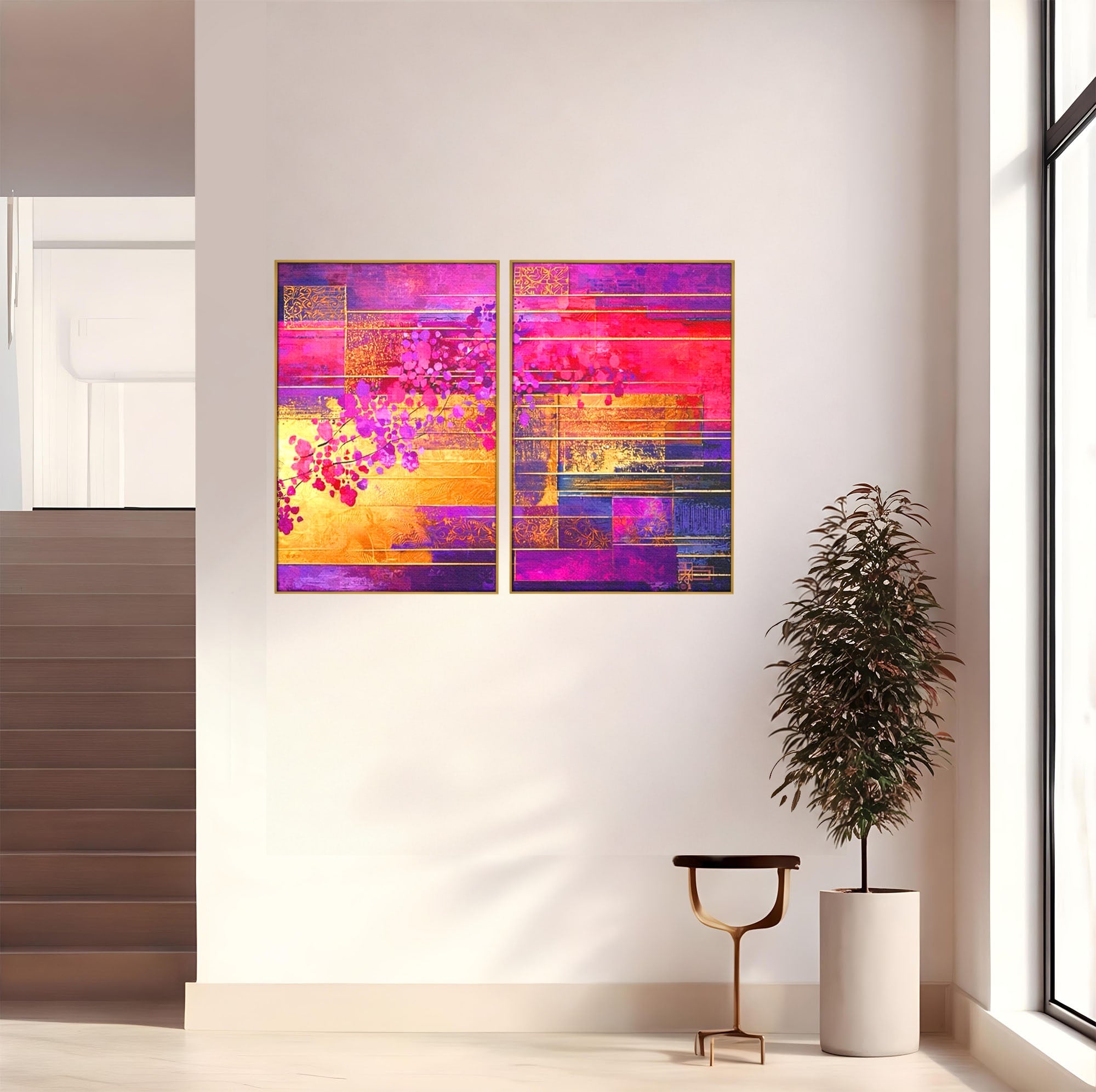 Set 2 Tablouri Canvas Premium LuxCanva® C2-1275, Gradina dintre linii, Geometrie, Mov, Roz, Abstract, Magenta, Linii, Textura, Armonie, Mister, Lumina, Eleganta, Violet, Auriu, Birou, Living, Dormitor