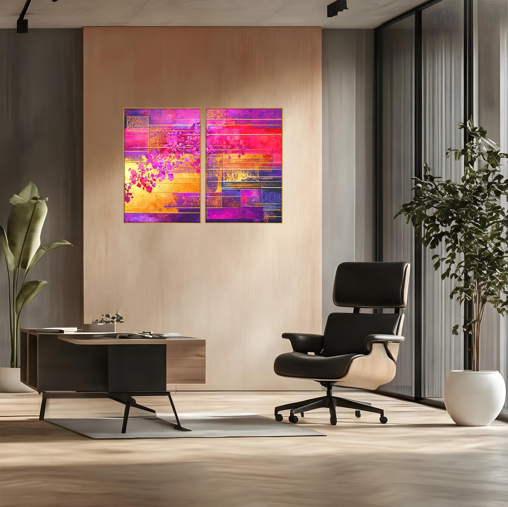 Set 2 Tablouri Canvas Premium LuxCanva® C2-1275, Gradina dintre linii, Geometrie, Mov, Roz, Abstract, Magenta, Linii, Textura, Armonie, Mister, Lumina, Eleganta, Violet, Auriu, Birou, Living, Dormitor