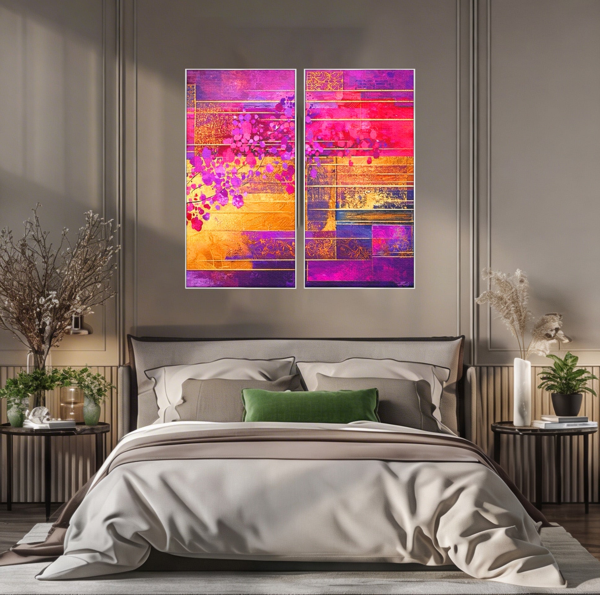 Set 2 Tablouri Canvas Premium LuxCanva® C2-1275, Gradina dintre linii, Geometrie, Mov, Roz, Abstract, Magenta, Linii, Textura, Armonie, Mister, Lumina, Eleganta, Violet, Auriu, Birou, Living, Dormitor