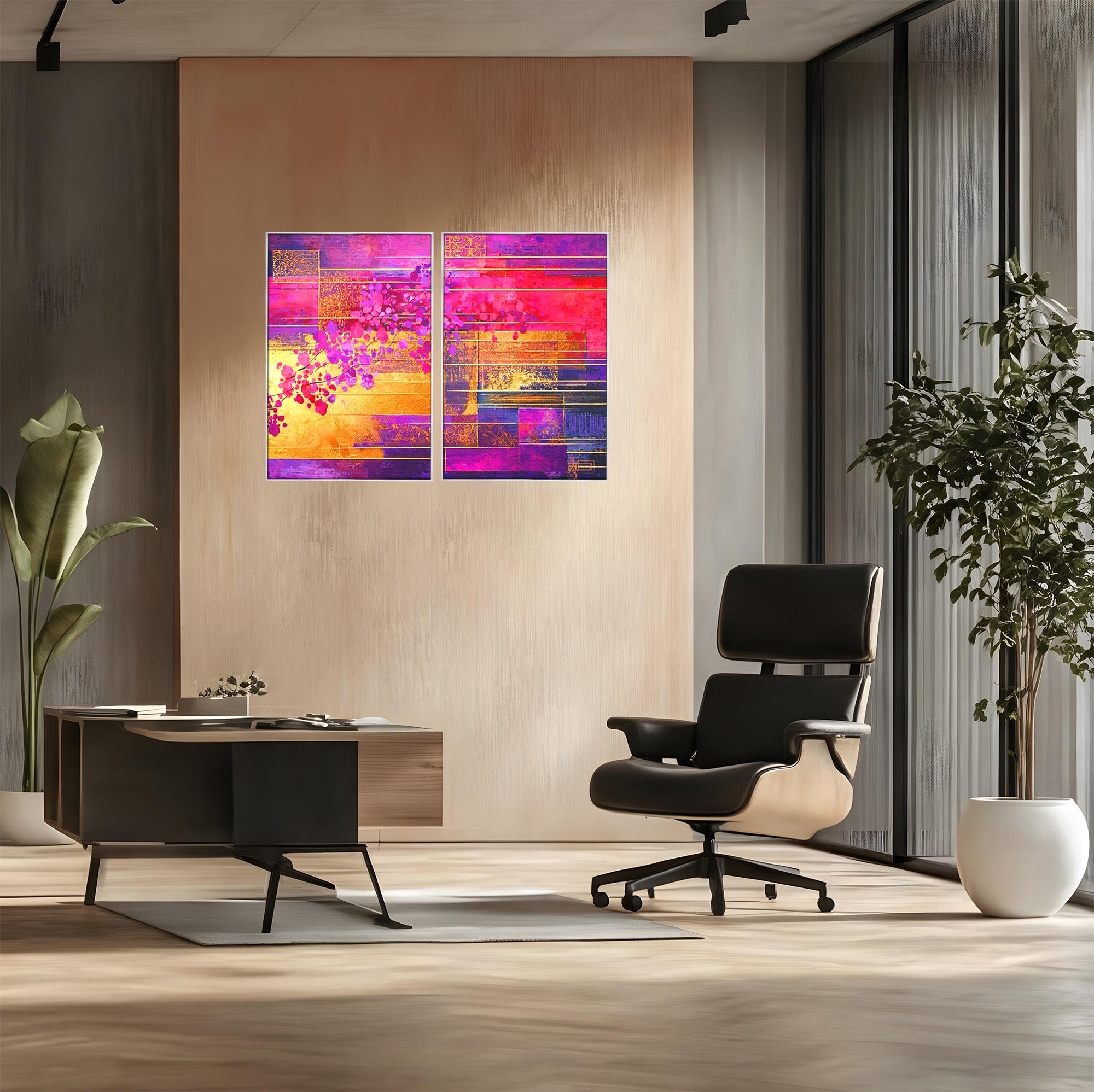 Set 2 Tablouri Canvas Premium LuxCanva® C2-1275, Gradina dintre linii, Geometrie, Mov, Roz, Abstract, Magenta, Linii, Textura, Armonie, Mister, Lumina, Eleganta, Violet, Auriu, Birou, Living, Dormitor