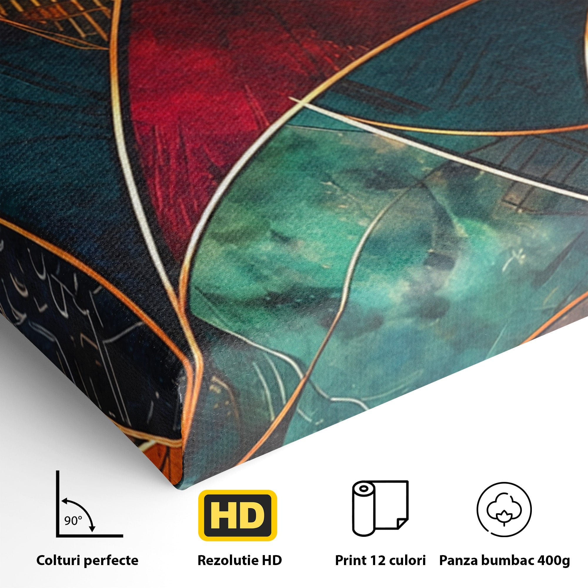 Set 2 Tablouri Canvas Premium LuxCanva® C2-1277, Intre nervuri de foc, Geometrie, Auriu, Rosu, Abstract, Linii, Profunzime, Simetrie, Circular, Spatiu, Forma, Templu, Expozitie, Birou, Living, Dormitor