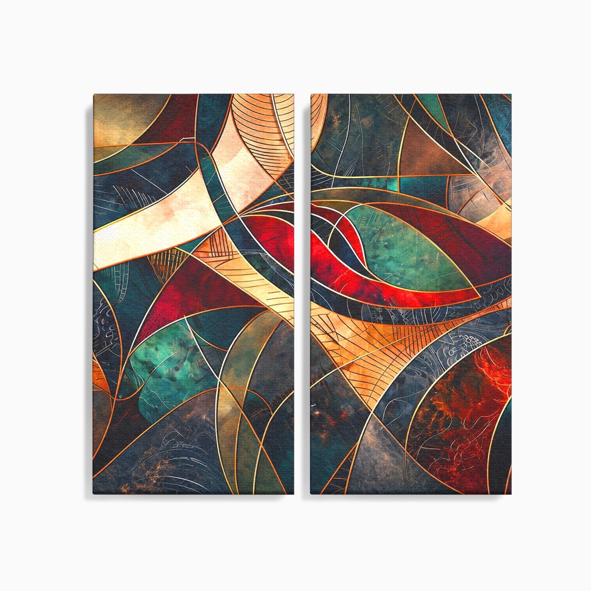Set 2 Tablouri Canvas Premium LuxCanva® C2-1277, Intre nervuri de foc, Geometrie, Auriu, Rosu, Abstract, Linii, Profunzime, Simetrie, Circular, Spatiu, Forma, Templu, Expozitie, Birou, Living, Dormitor