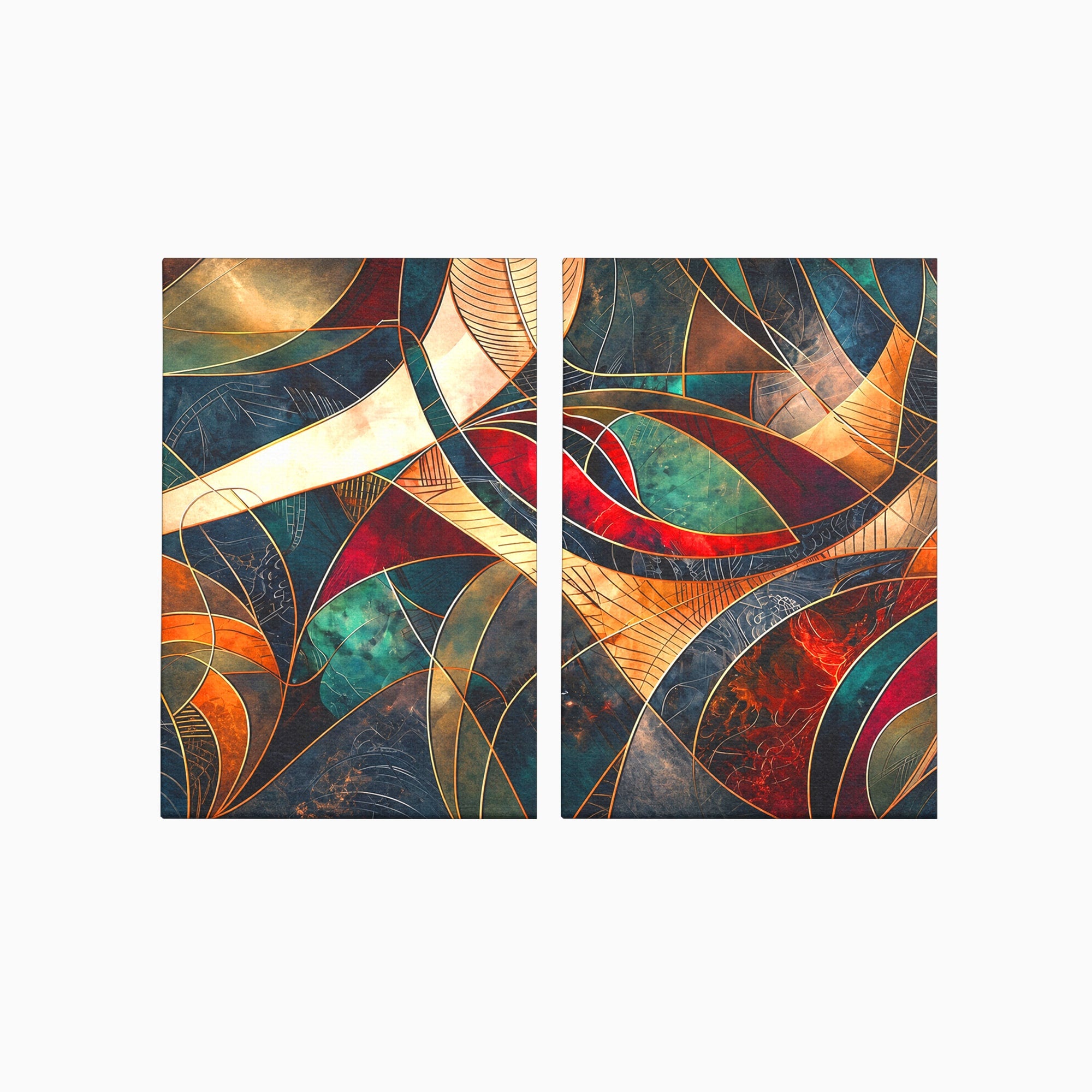 Set 2 Tablouri Canvas Premium LuxCanva® C2-1277, Intre nervuri de foc, Geometrie, Auriu, Rosu, Abstract, Linii, Profunzime, Simetrie, Circular, Spatiu, Forma, Templu, Expozitie, Birou, Living, Dormitor