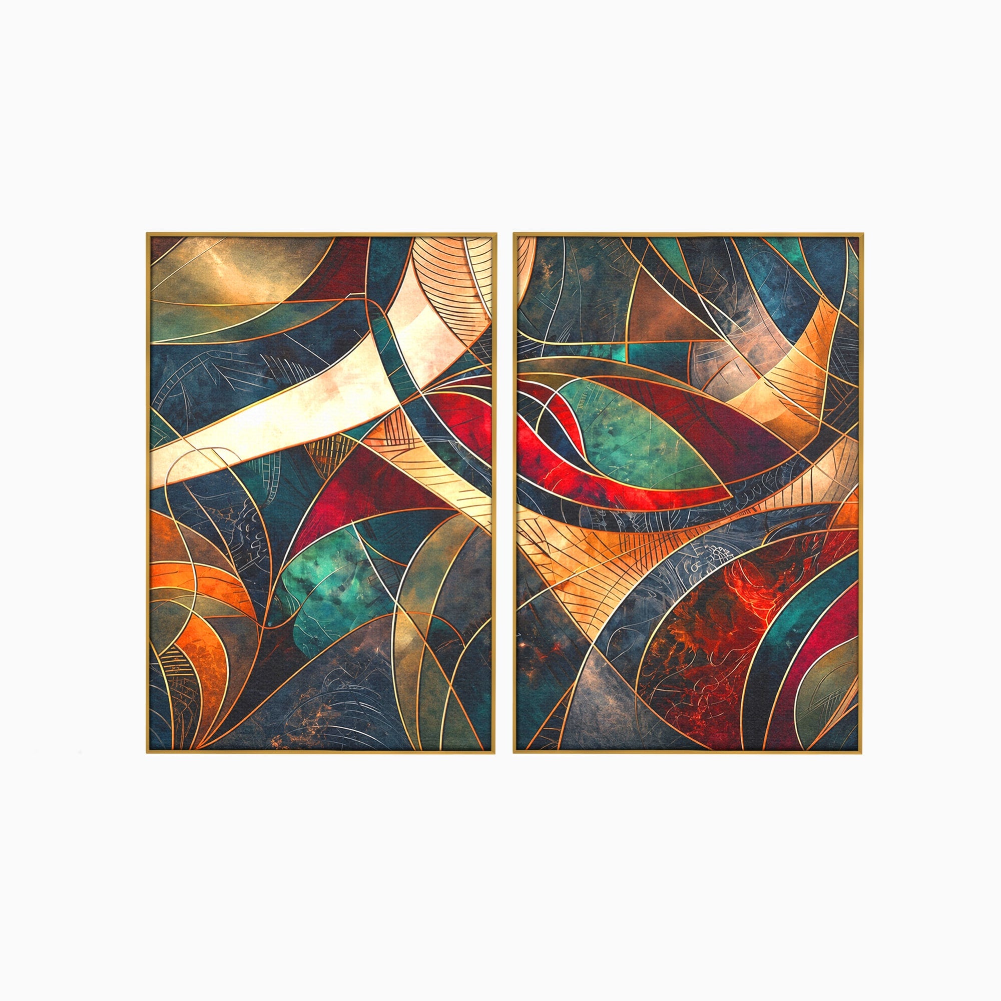 Set 2 Tablouri Canvas Premium LuxCanva® C2-1277, Intre nervuri de foc, Geometrie, Auriu, Rosu, Abstract, Linii, Profunzime, Simetrie, Circular, Spatiu, Forma, Templu, Expozitie, Birou, Living, Dormitor
