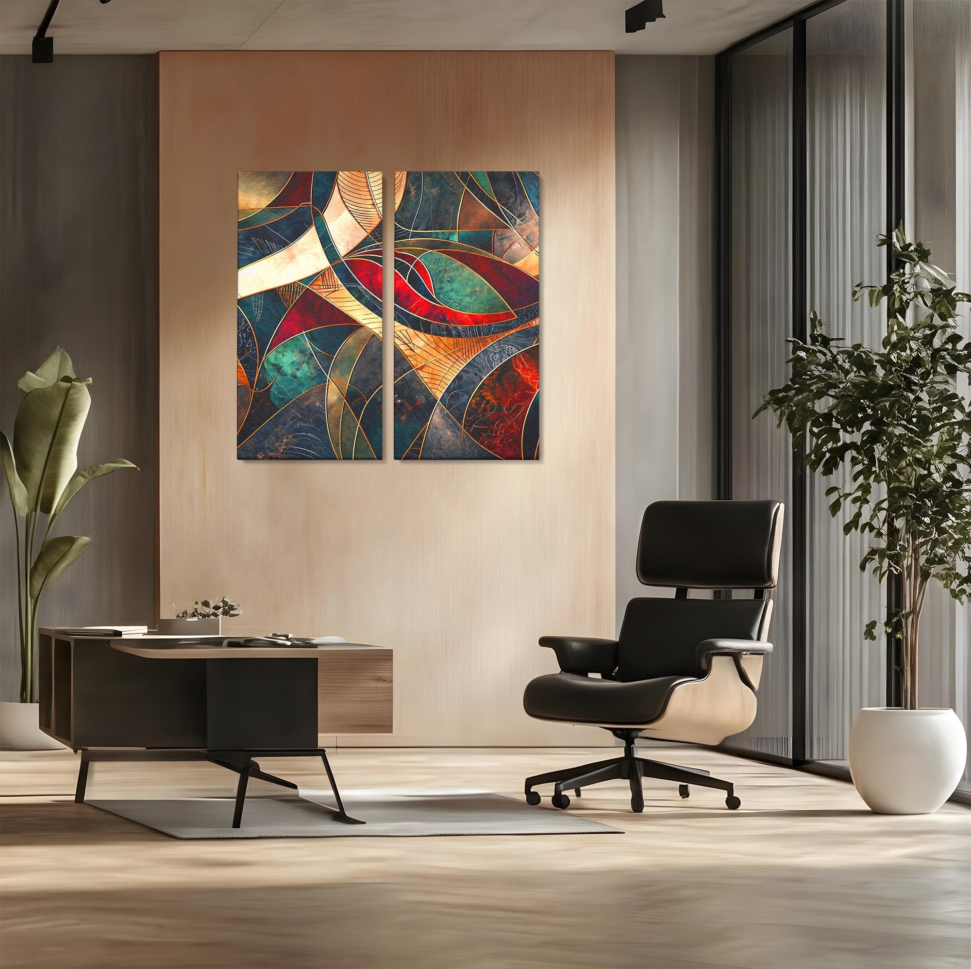 Set 2 Tablouri Canvas Premium LuxCanva® C2-1277, Intre nervuri de foc, Geometrie, Auriu, Rosu, Abstract, Linii, Profunzime, Simetrie, Circular, Spatiu, Forma, Templu, Expozitie, Birou, Living, Dormitor