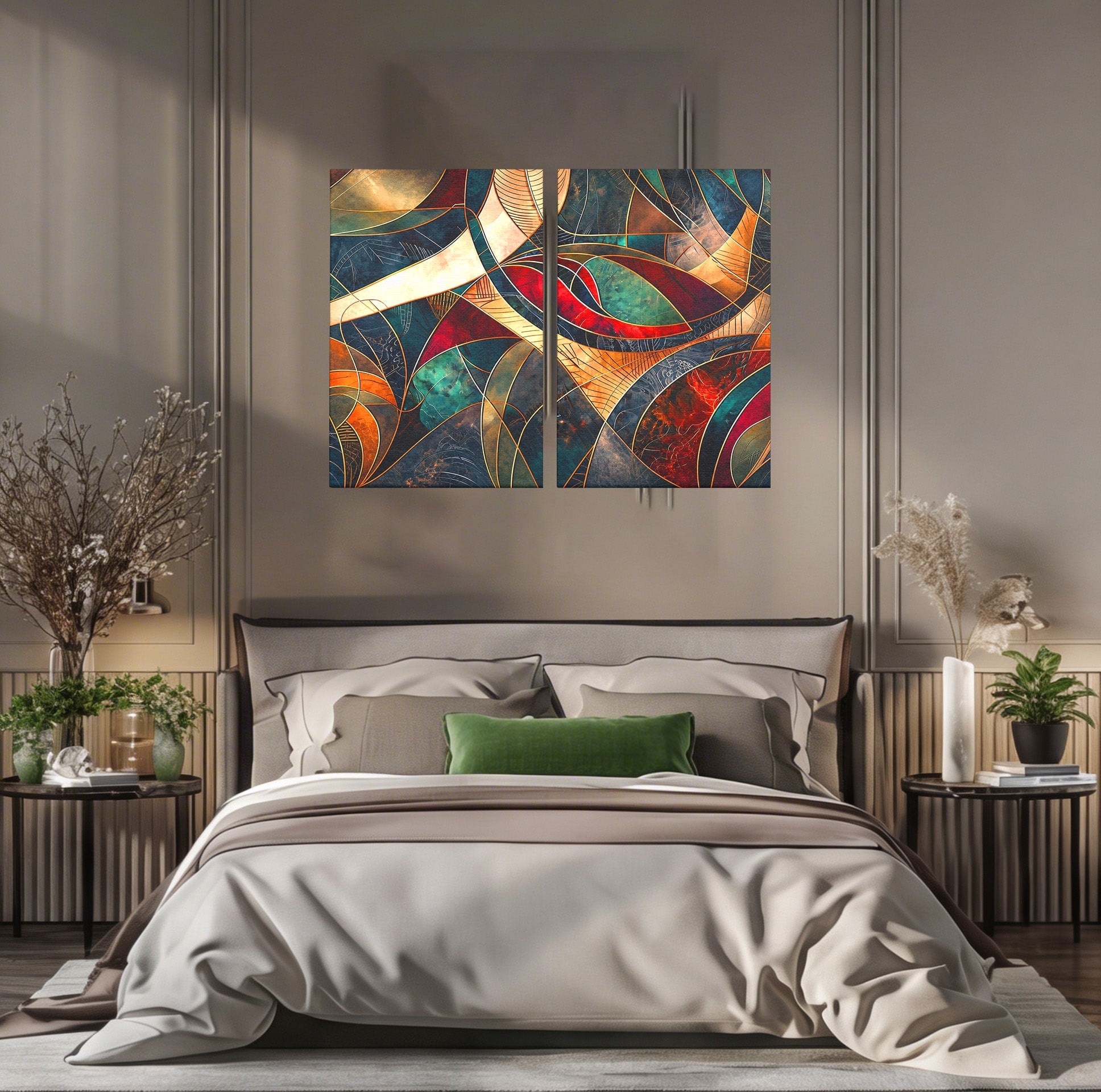 Set 2 Tablouri Canvas Premium LuxCanva® C2-1277, Intre nervuri de foc, Geometrie, Auriu, Rosu, Abstract, Linii, Profunzime, Simetrie, Circular, Spatiu, Forma, Templu, Expozitie, Birou, Living, Dormitor