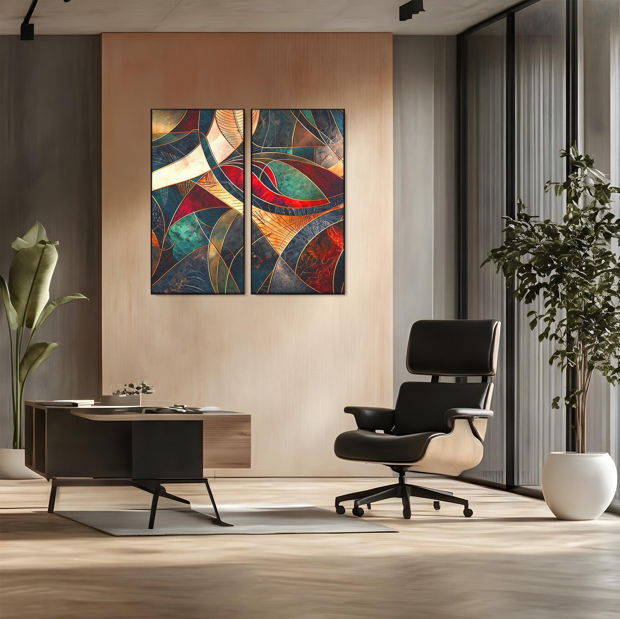 Set 2 Tablouri Canvas Premium LuxCanva® C2-1277, Intre nervuri de foc, Geometrie, Auriu, Rosu, Abstract, Linii, Profunzime, Simetrie, Circular, Spatiu, Forma, Templu, Expozitie, Birou, Living, Dormitor