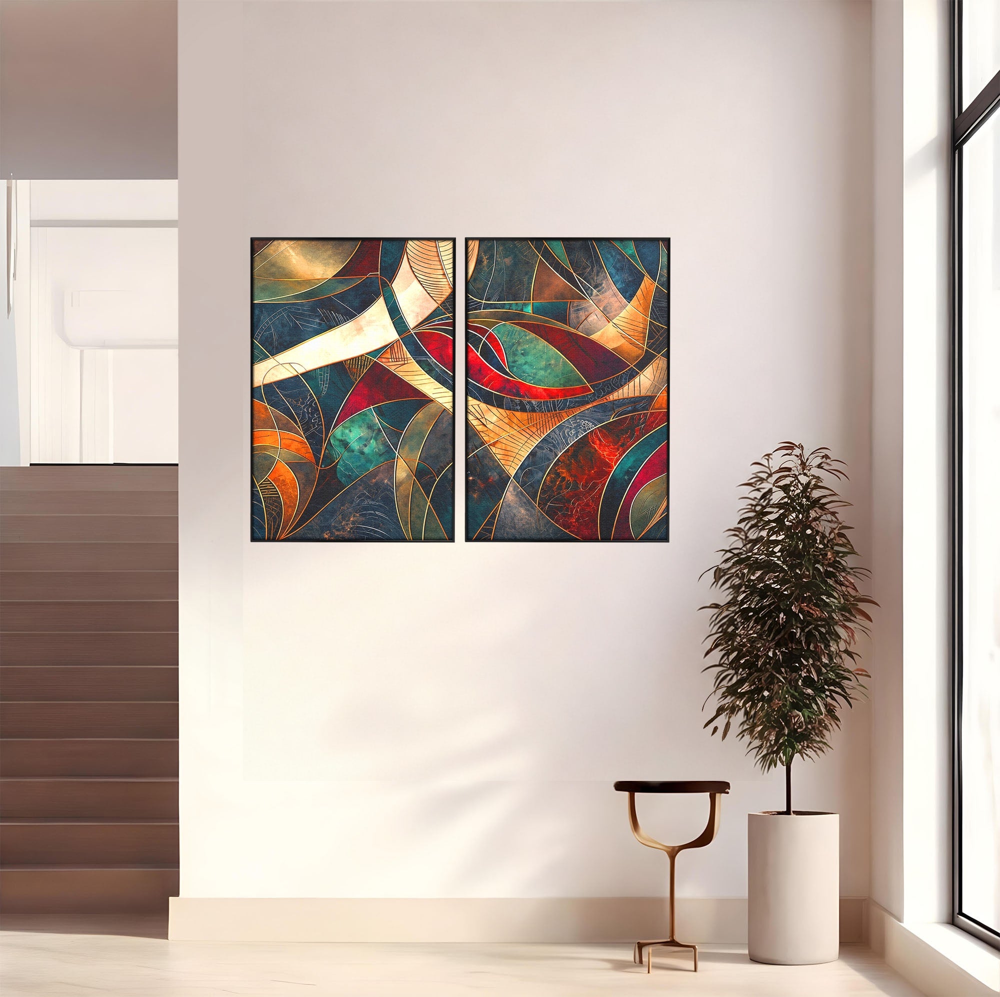 Set 2 Tablouri Canvas Premium LuxCanva® C2-1277, Intre nervuri de foc, Geometrie, Auriu, Rosu, Abstract, Linii, Profunzime, Simetrie, Circular, Spatiu, Forma, Templu, Expozitie, Birou, Living, Dormitor