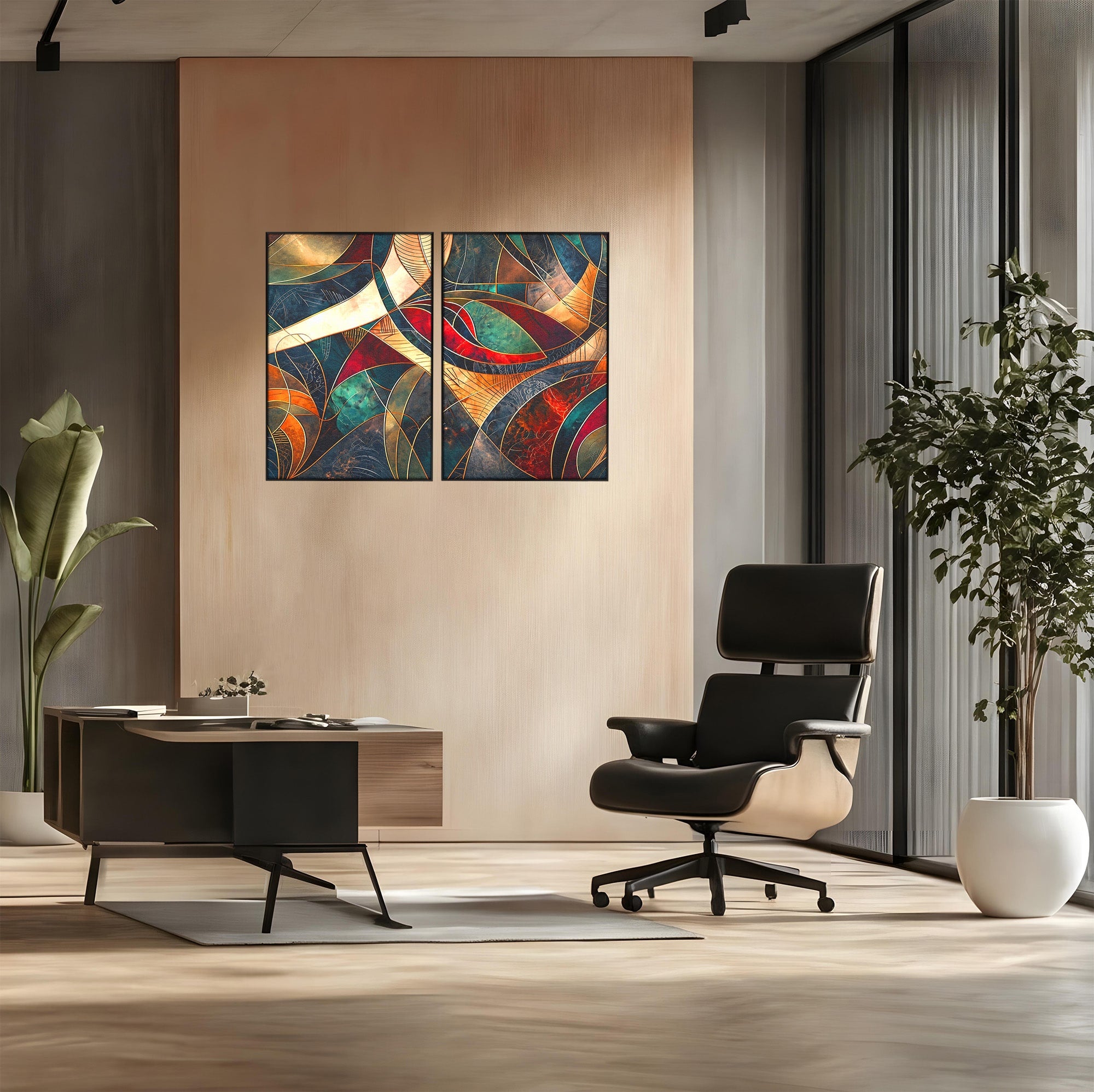 Set 2 Tablouri Canvas Premium LuxCanva® C2-1277, Intre nervuri de foc, Geometrie, Auriu, Rosu, Abstract, Linii, Profunzime, Simetrie, Circular, Spatiu, Forma, Templu, Expozitie, Birou, Living, Dormitor