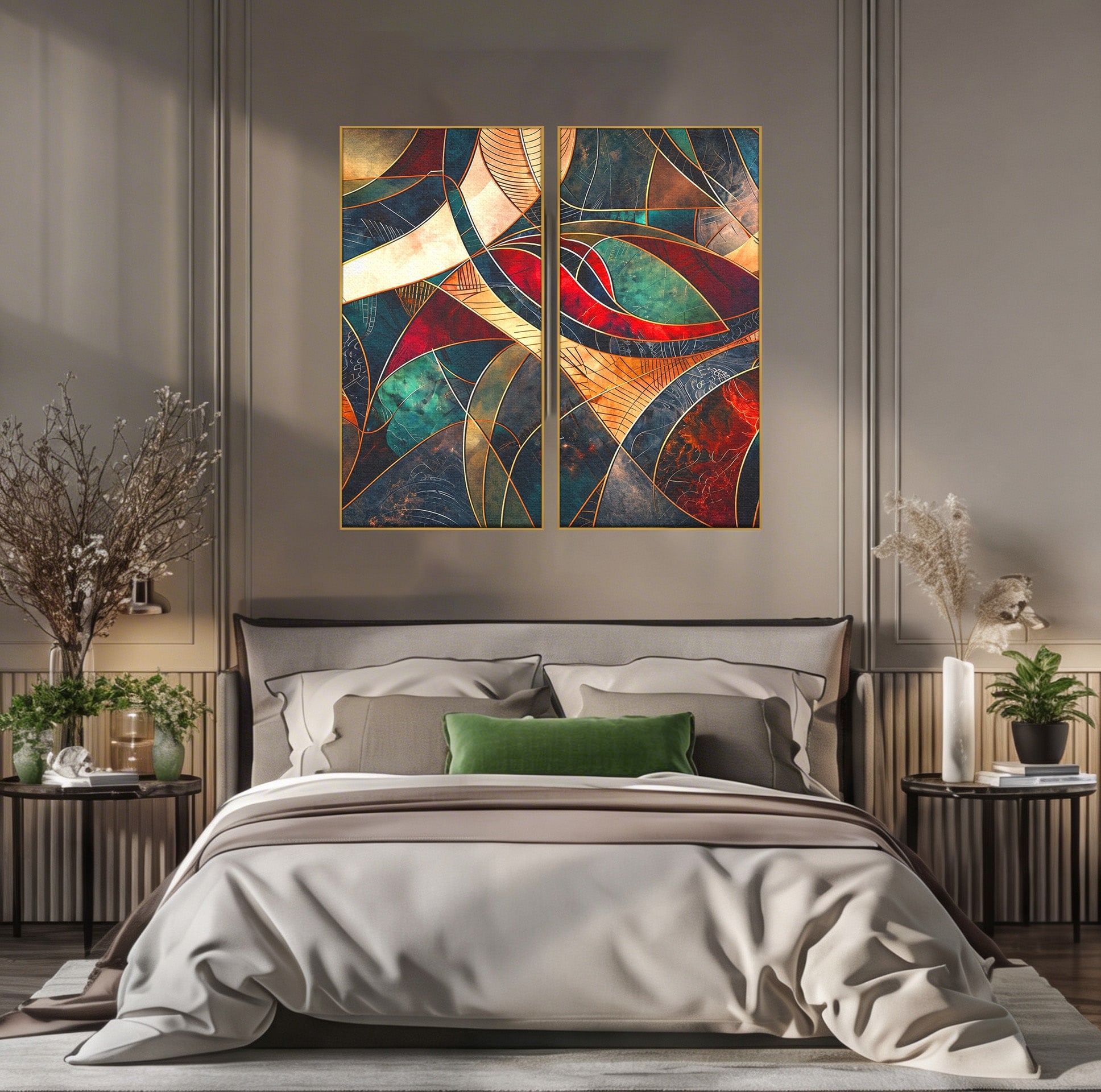 Set 2 Tablouri Canvas Premium LuxCanva® C2-1277, Intre nervuri de foc, Geometrie, Auriu, Rosu, Abstract, Linii, Profunzime, Simetrie, Circular, Spatiu, Forma, Templu, Expozitie, Birou, Living, Dormitor