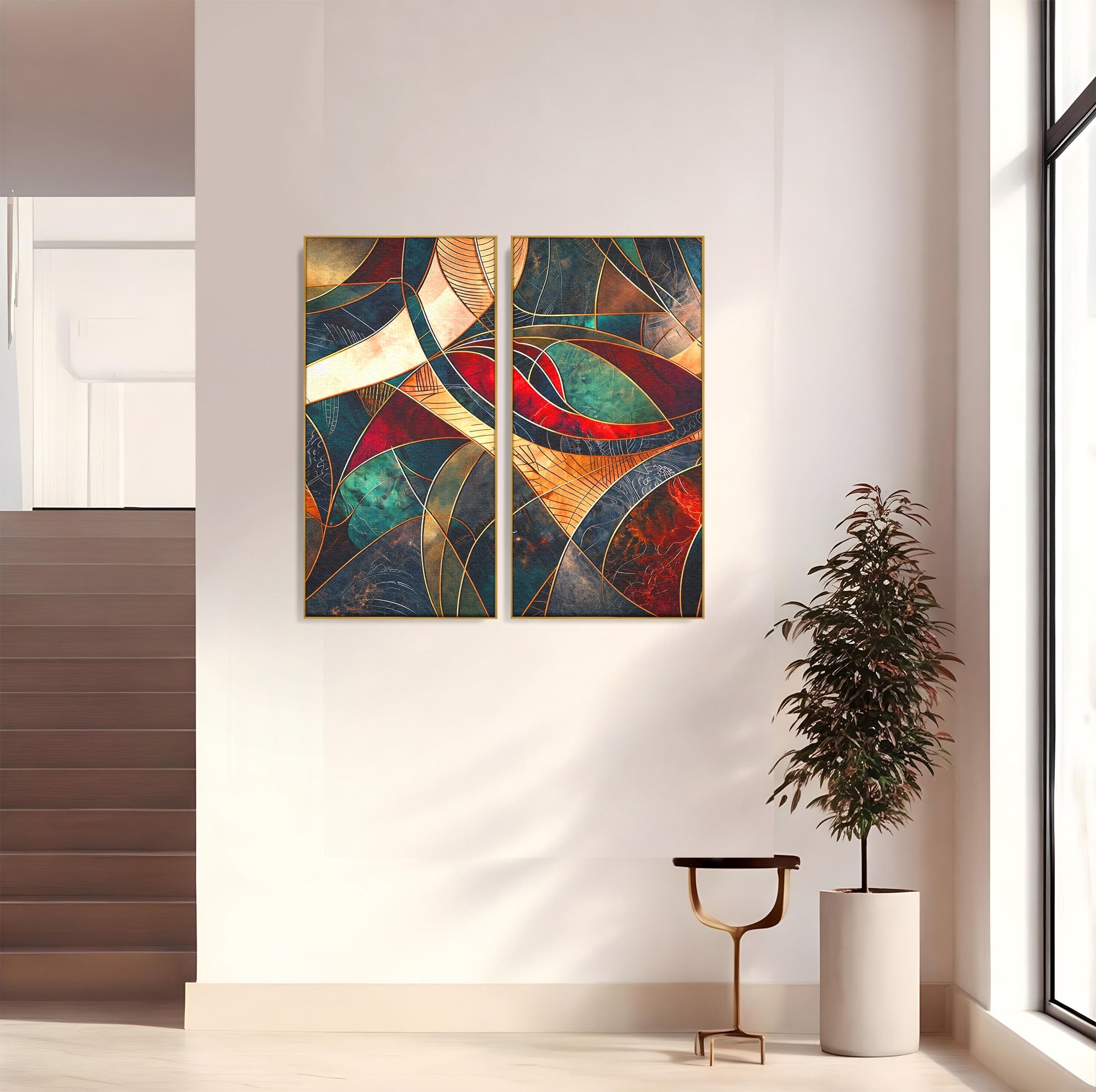 Set 2 Tablouri Canvas Premium LuxCanva® C2-1277, Intre nervuri de foc, Geometrie, Auriu, Rosu, Abstract, Linii, Profunzime, Simetrie, Circular, Spatiu, Forma, Templu, Expozitie, Birou, Living, Dormitor