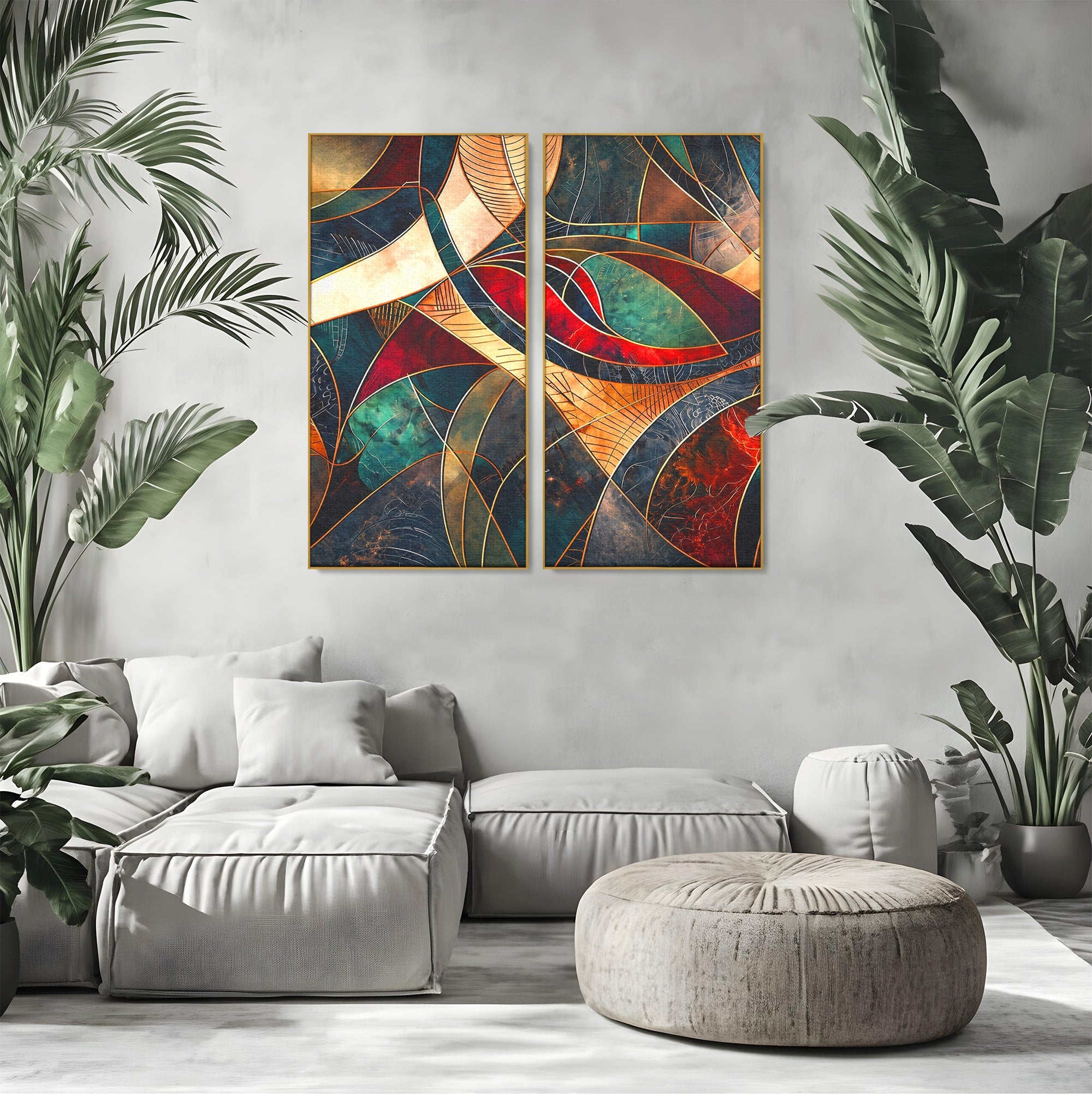 Set 2 Tablouri Canvas Premium LuxCanva® C2-1277, Intre nervuri de foc, Geometrie, Auriu, Rosu, Abstract, Linii, Profunzime, Simetrie, Circular, Spatiu, Forma, Templu, Expozitie, Birou, Living, Dormitor