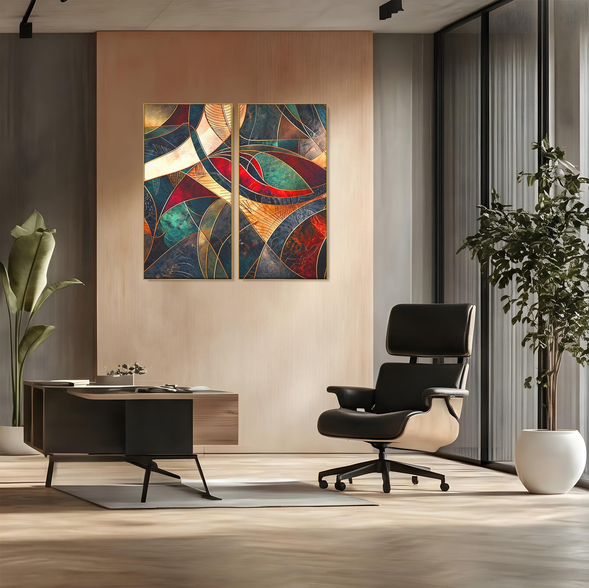 Set 2 Tablouri Canvas Premium LuxCanva® C2-1277, Intre nervuri de foc, Geometrie, Auriu, Rosu, Abstract, Linii, Profunzime, Simetrie, Circular, Spatiu, Forma, Templu, Expozitie, Birou, Living, Dormitor