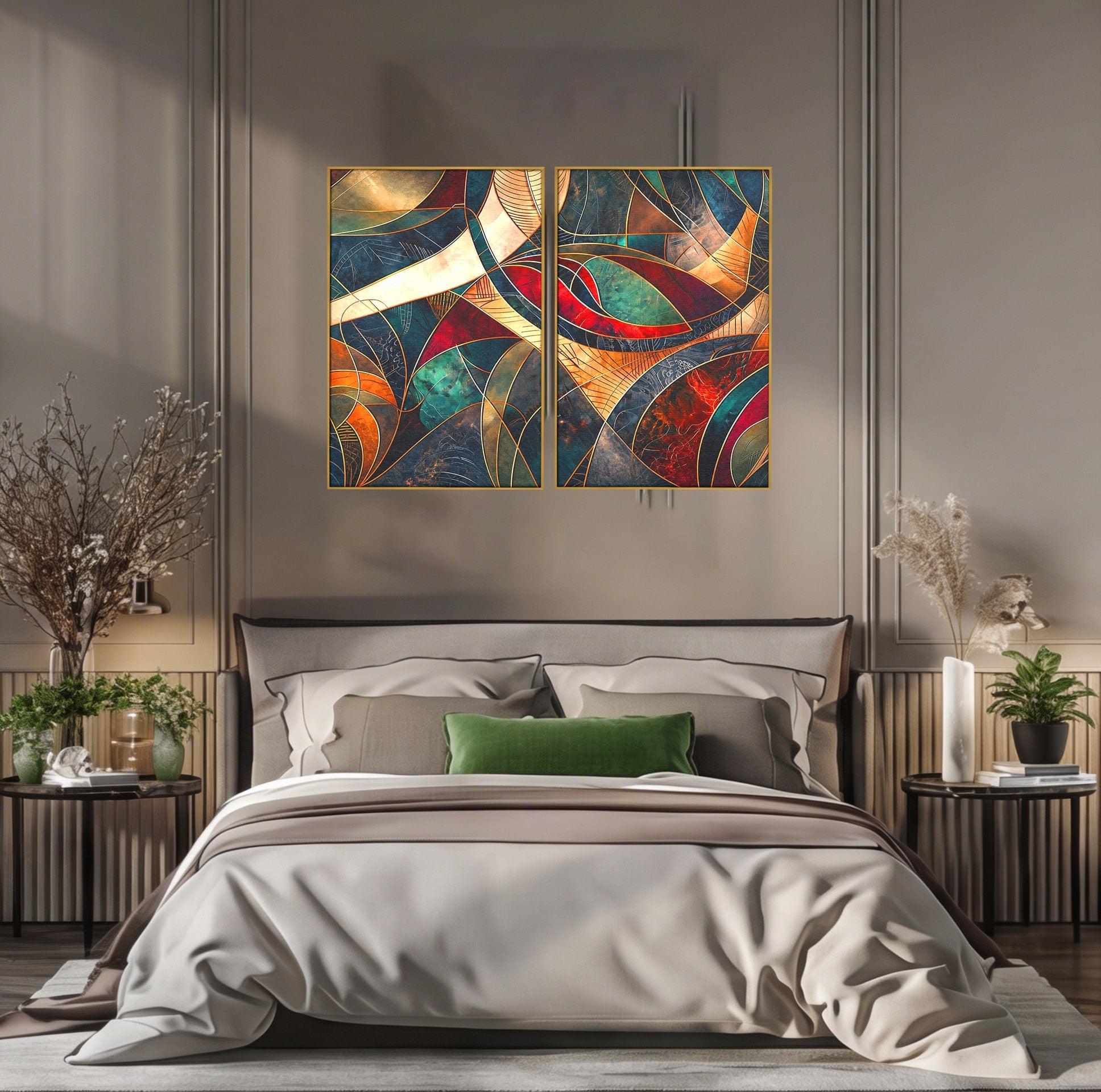 Set 2 Tablouri Canvas Premium LuxCanva® C2-1277, Intre nervuri de foc, Geometrie, Auriu, Rosu, Abstract, Linii, Profunzime, Simetrie, Circular, Spatiu, Forma, Templu, Expozitie, Birou, Living, Dormitor
