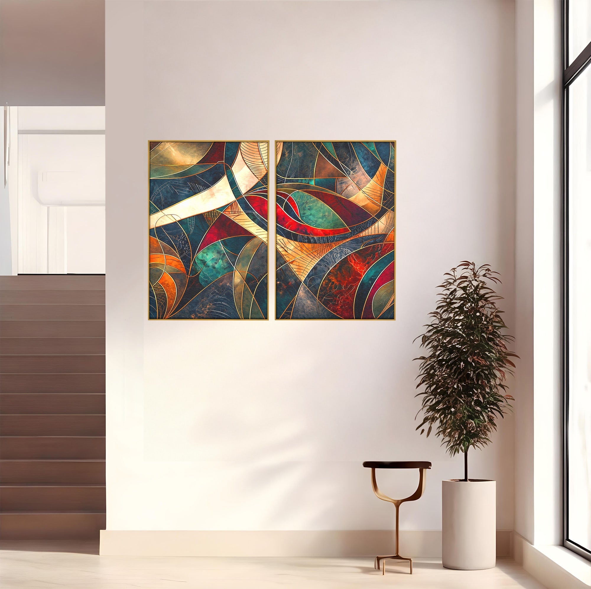 Set 2 Tablouri Canvas Premium LuxCanva® C2-1277, Intre nervuri de foc, Geometrie, Auriu, Rosu, Abstract, Linii, Profunzime, Simetrie, Circular, Spatiu, Forma, Templu, Expozitie, Birou, Living, Dormitor