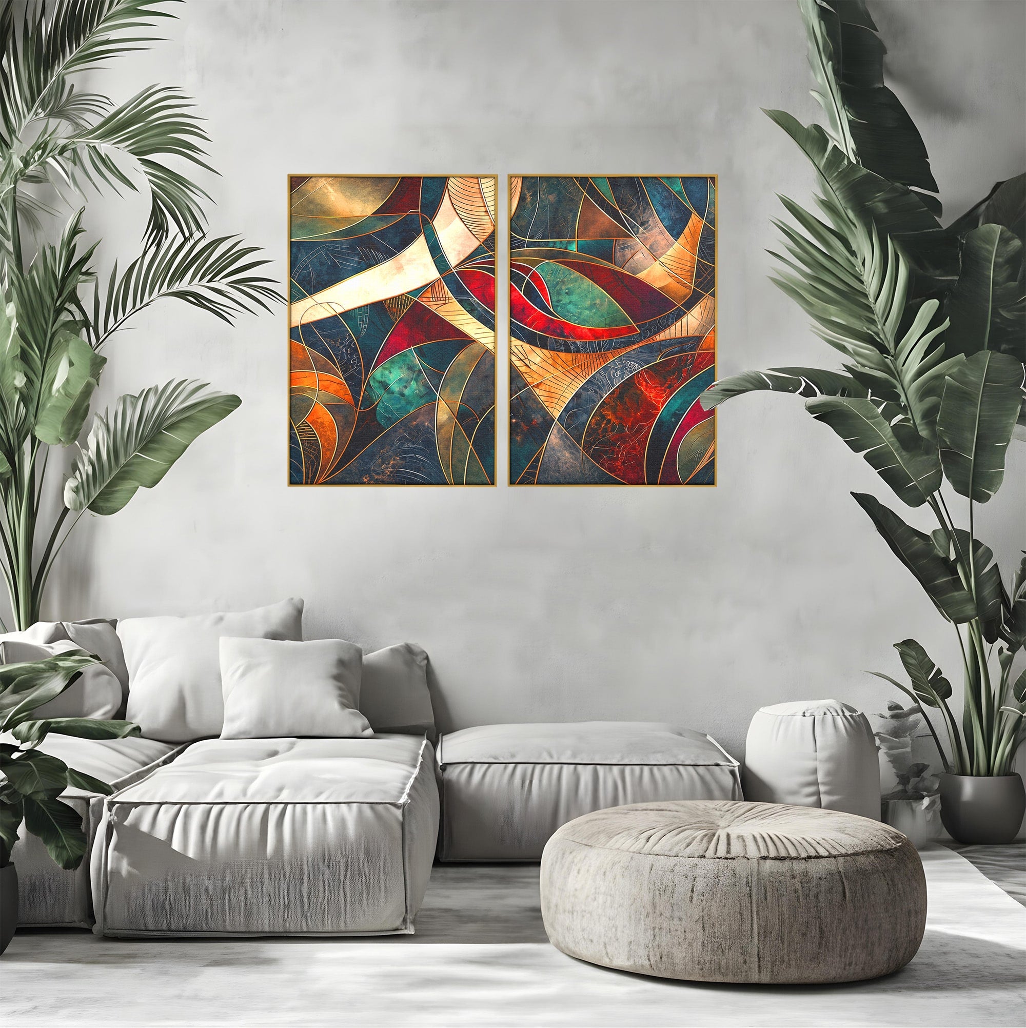 Set 2 Tablouri Canvas Premium LuxCanva® C2-1277, Intre nervuri de foc, Geometrie, Auriu, Rosu, Abstract, Linii, Profunzime, Simetrie, Circular, Spatiu, Forma, Templu, Expozitie, Birou, Living, Dormitor