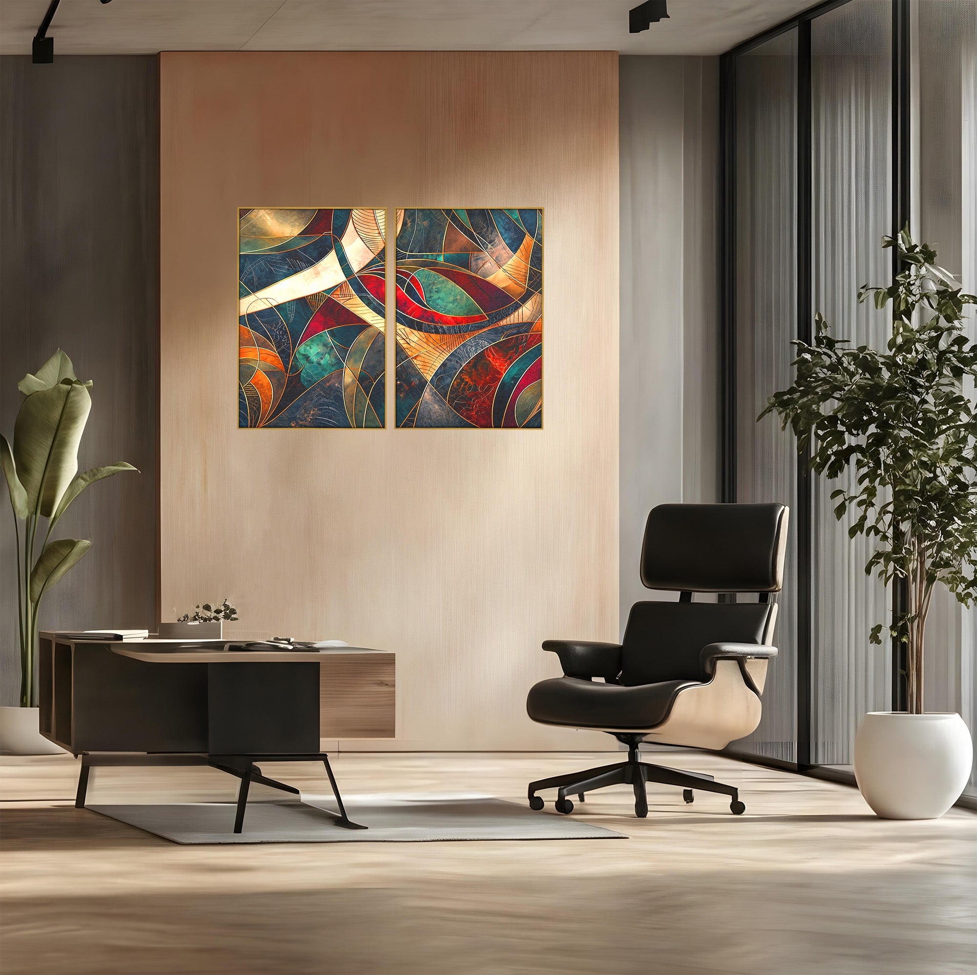 Set 2 Tablouri Canvas Premium LuxCanva® C2-1277, Intre nervuri de foc, Geometrie, Auriu, Rosu, Abstract, Linii, Profunzime, Simetrie, Circular, Spatiu, Forma, Templu, Expozitie, Birou, Living, Dormitor
