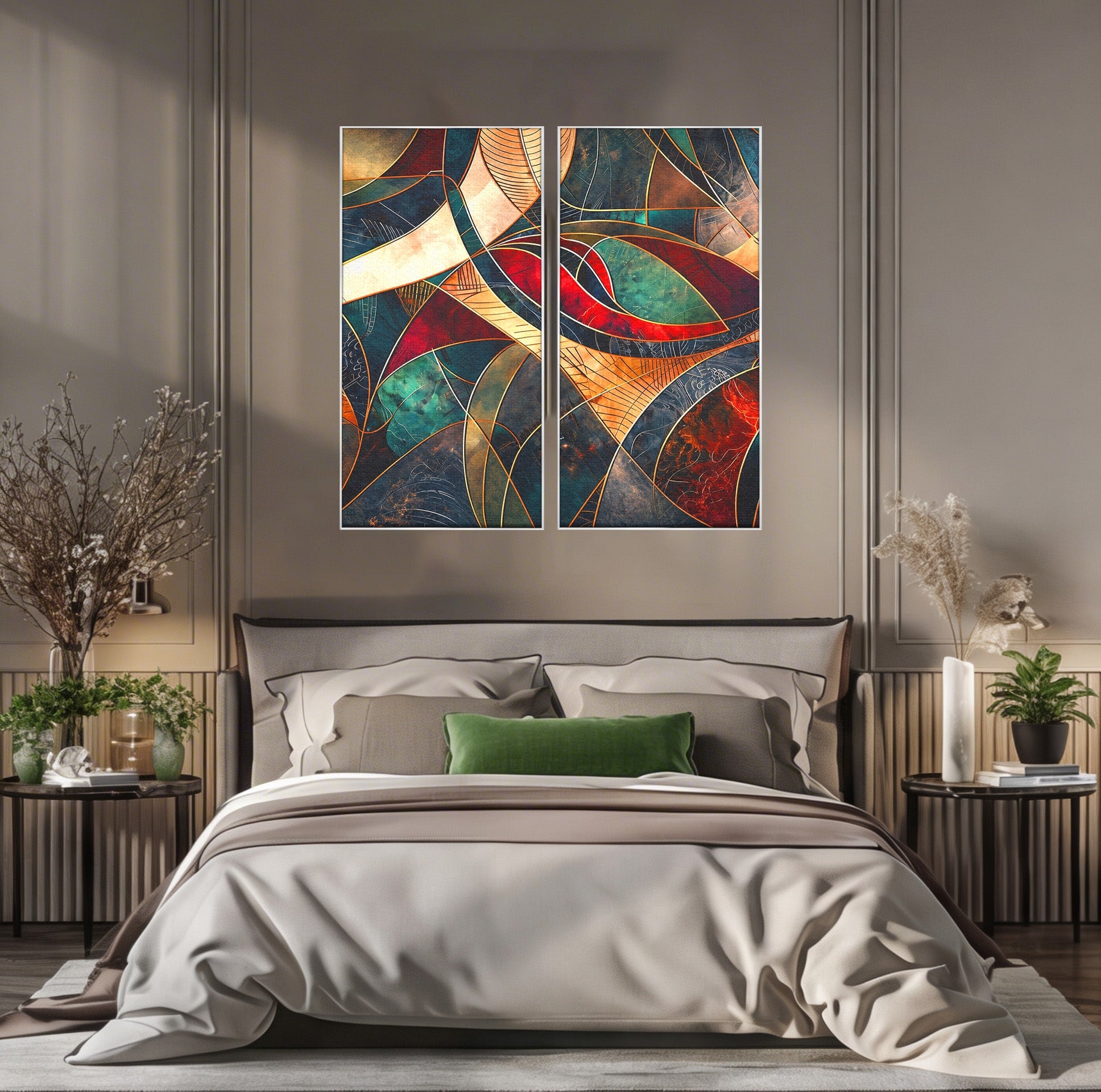 Set 2 Tablouri Canvas Premium LuxCanva® C2-1277, Intre nervuri de foc, Geometrie, Auriu, Rosu, Abstract, Linii, Profunzime, Simetrie, Circular, Spatiu, Forma, Templu, Expozitie, Birou, Living, Dormitor