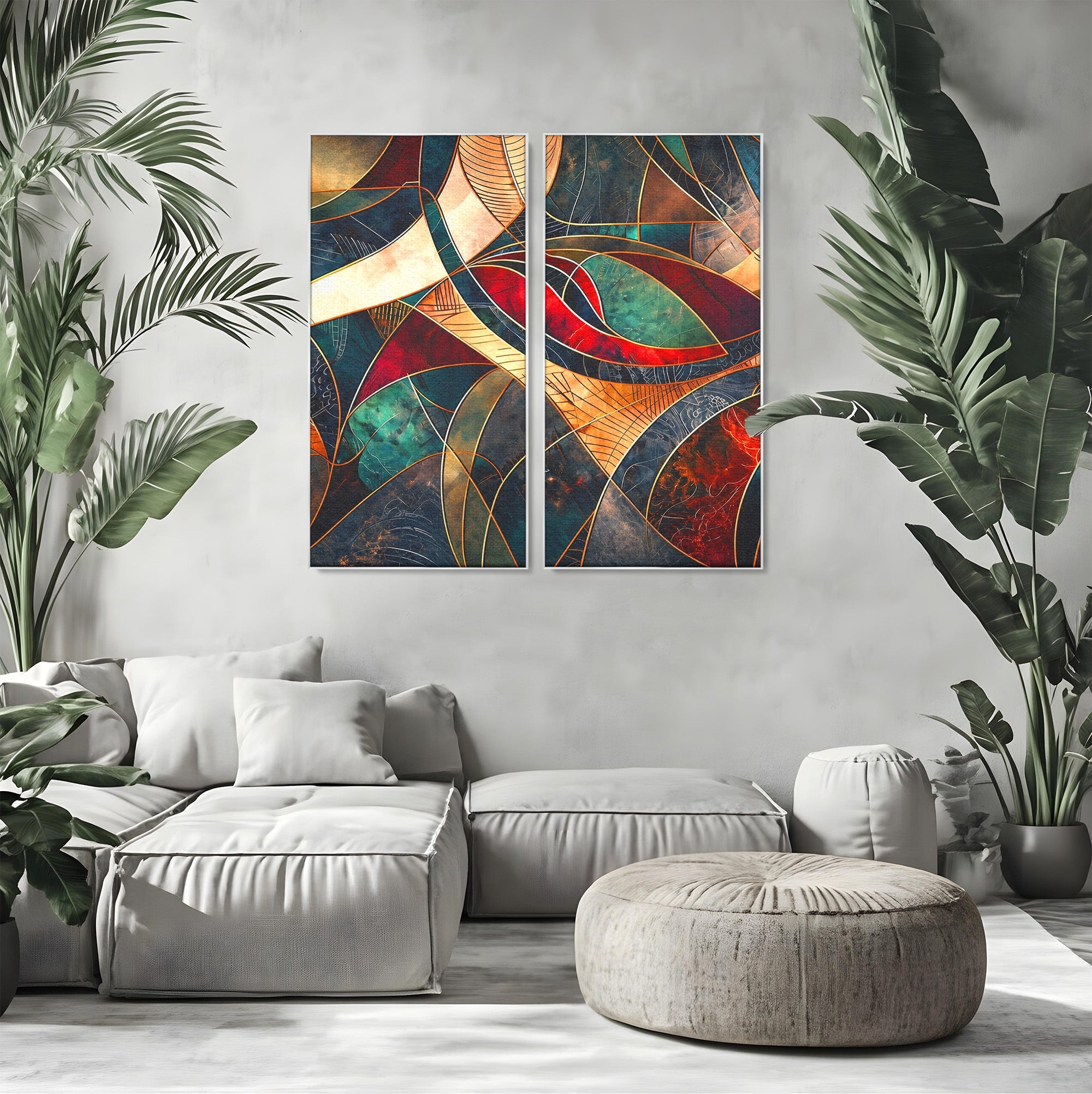 Set 2 Tablouri Canvas Premium LuxCanva® C2-1277, Intre nervuri de foc, Geometrie, Auriu, Rosu, Abstract, Linii, Profunzime, Simetrie, Circular, Spatiu, Forma, Templu, Expozitie, Birou, Living, Dormitor