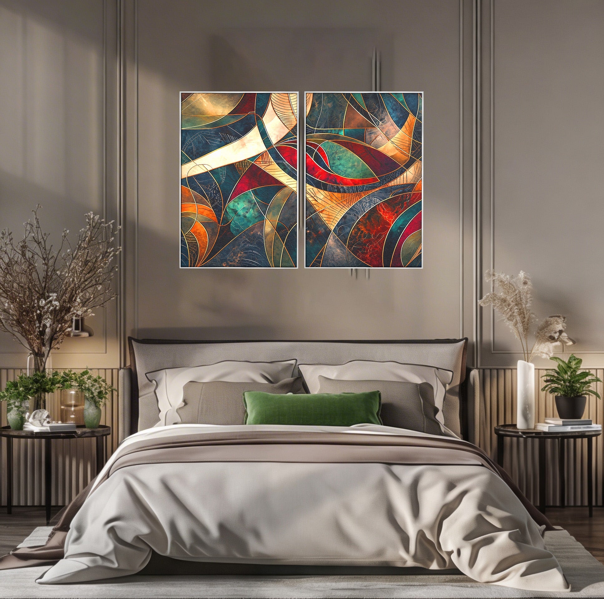 Set 2 Tablouri Canvas Premium LuxCanva® C2-1277, Intre nervuri de foc, Geometrie, Auriu, Rosu, Abstract, Linii, Profunzime, Simetrie, Circular, Spatiu, Forma, Templu, Expozitie, Birou, Living, Dormitor
