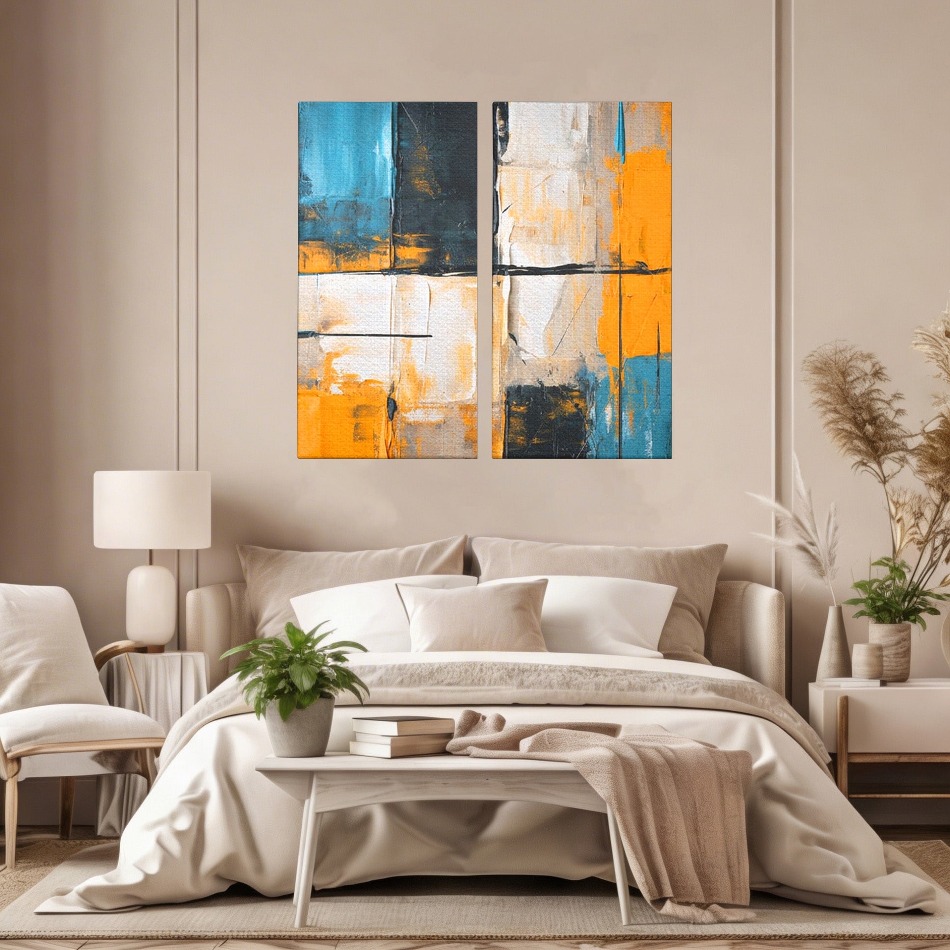 Set 2 Tablouri Canvas Premium LuxCanva® C2-1281, Spatii care tac, Geometrie, Culori, Abstract, Materie, Volum, Profunzime, Stabilitate, Urban, Univers, Gravitate, Expozitie, Birou, Living, Dormitor
