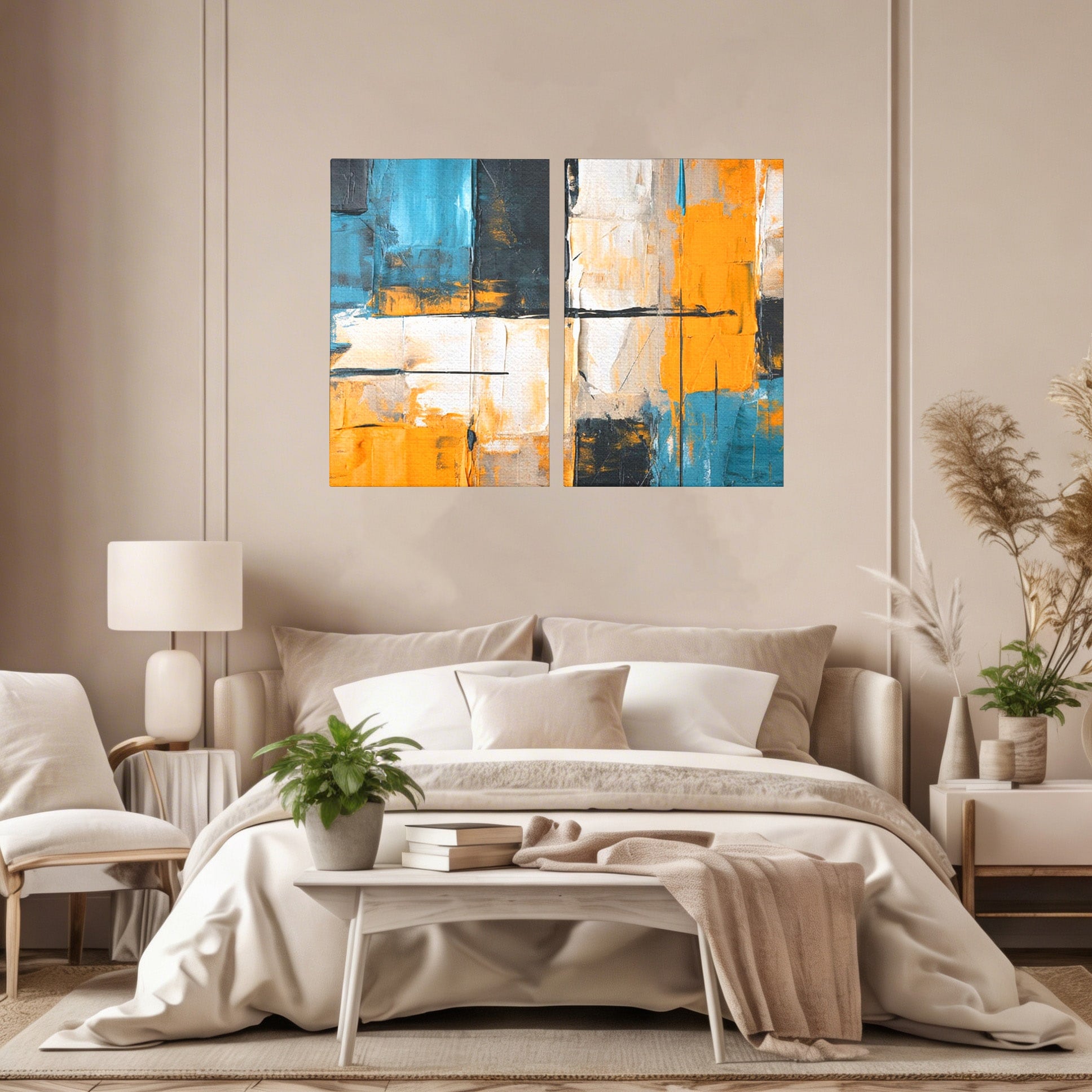 Set 2 Tablouri Canvas Premium LuxCanva® C2-1281, Spatii care tac, Geometrie, Culori, Abstract, Materie, Volum, Profunzime, Stabilitate, Urban, Univers, Gravitate, Expozitie, Birou, Living, Dormitor
