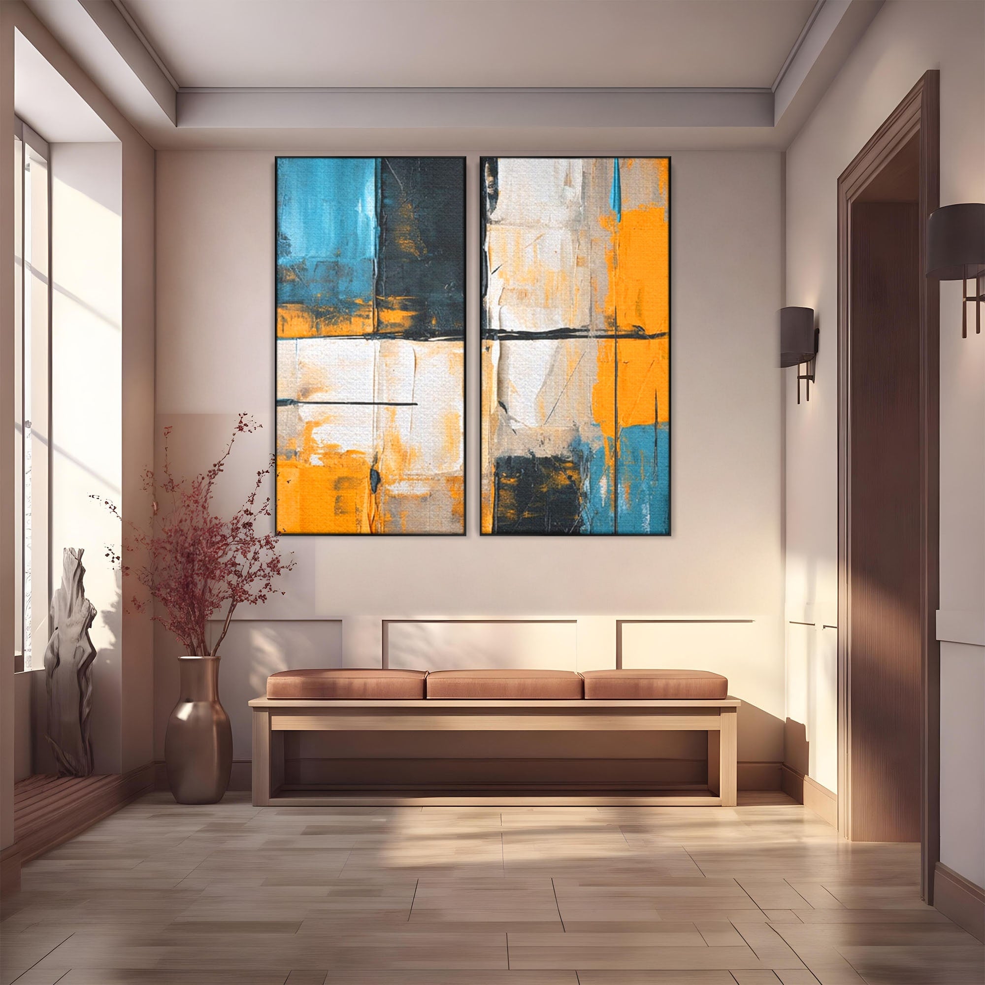 Set 2 Tablouri Canvas Premium LuxCanva® C2-1281, Spatii care tac, Geometrie, Culori, Abstract, Materie, Volum, Profunzime, Stabilitate, Urban, Univers, Gravitate, Expozitie, Birou, Living, Dormitor