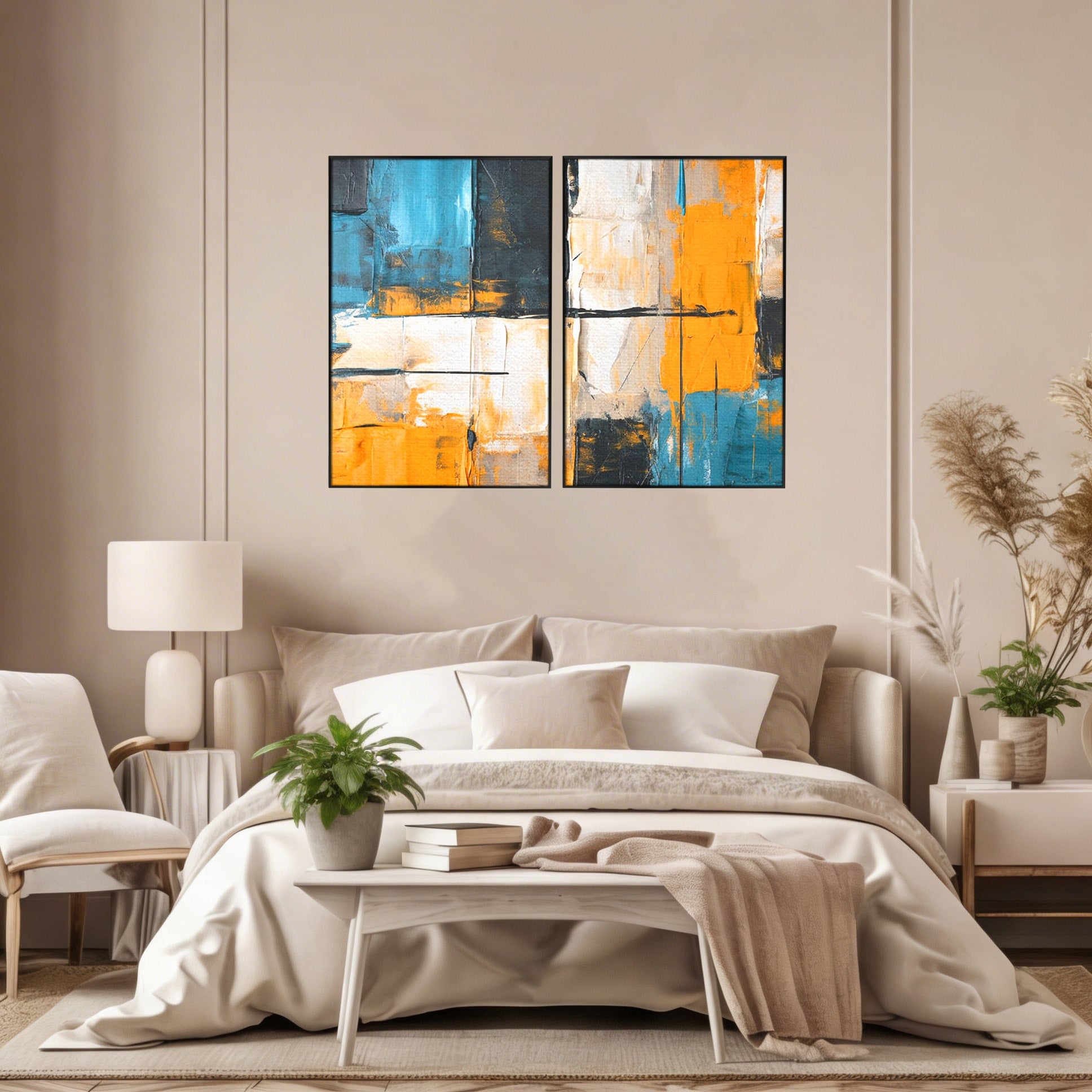 Set 2 Tablouri Canvas Premium LuxCanva® C2-1281, Spatii care tac, Geometrie, Culori, Abstract, Materie, Volum, Profunzime, Stabilitate, Urban, Univers, Gravitate, Expozitie, Birou, Living, Dormitor