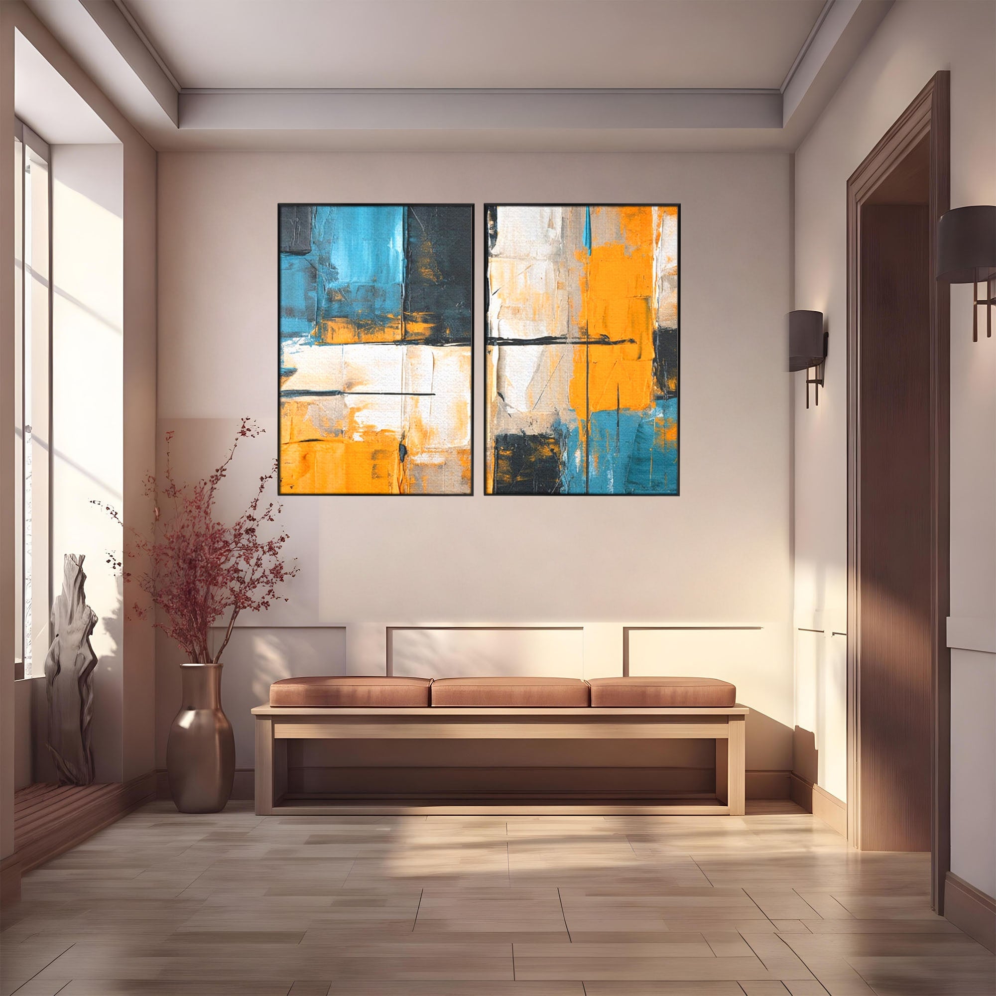 Set 2 Tablouri Canvas Premium LuxCanva® C2-1281, Spatii care tac, Geometrie, Culori, Abstract, Materie, Volum, Profunzime, Stabilitate, Urban, Univers, Gravitate, Expozitie, Birou, Living, Dormitor