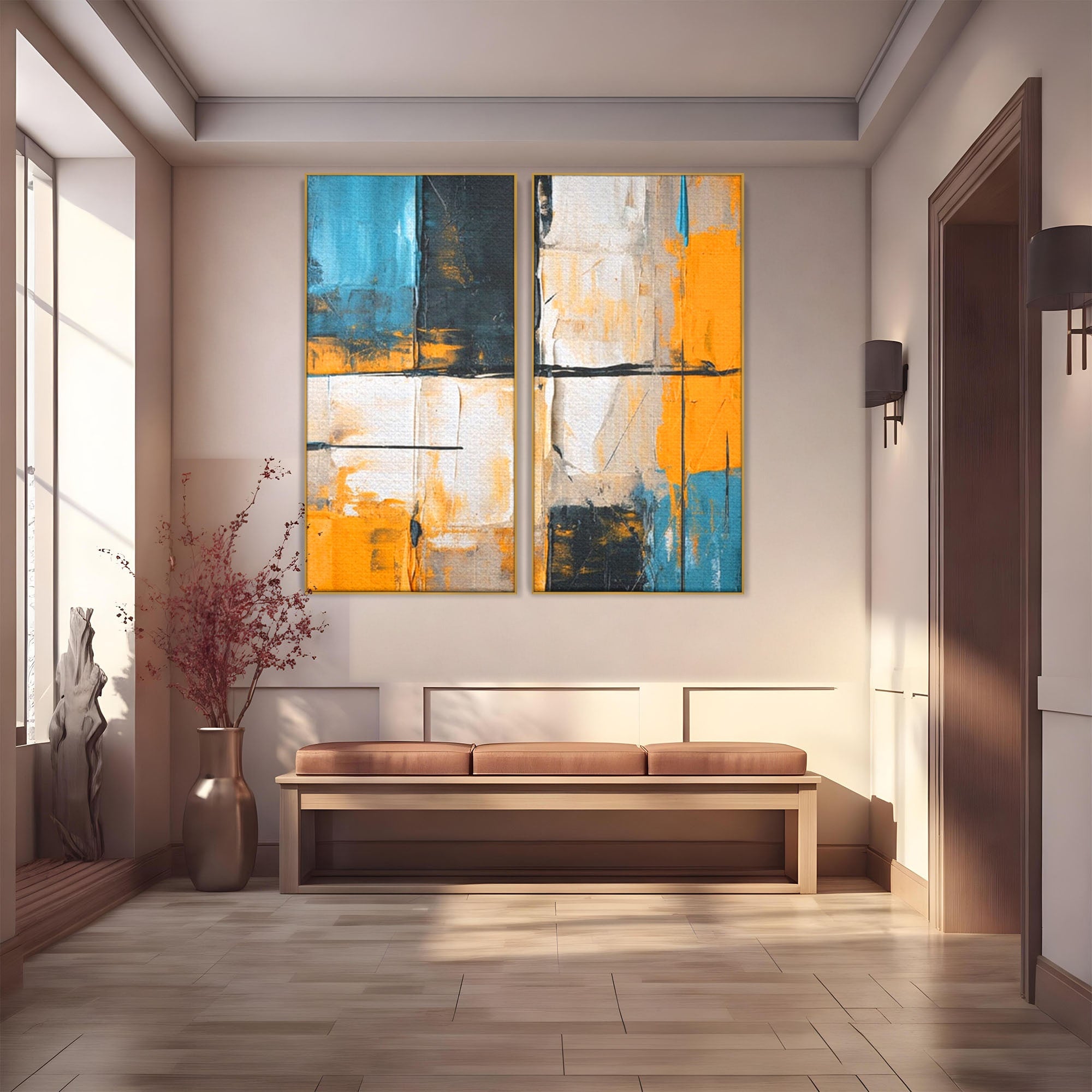 Set 2 Tablouri Canvas Premium LuxCanva® C2-1281, Spatii care tac, Geometrie, Culori, Abstract, Materie, Volum, Profunzime, Stabilitate, Urban, Univers, Gravitate, Expozitie, Birou, Living, Dormitor