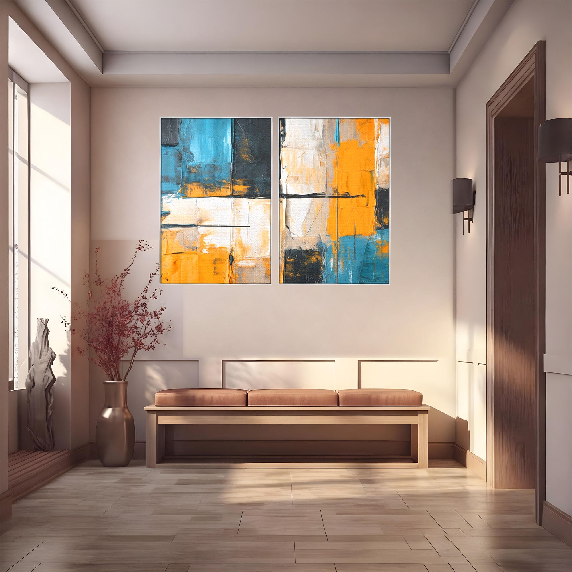Set 2 Tablouri Canvas Premium LuxCanva® C2-1281, Spatii care tac, Geometrie, Culori, Abstract, Materie, Volum, Profunzime, Stabilitate, Urban, Univers, Gravitate, Expozitie, Birou, Living, Dormitor