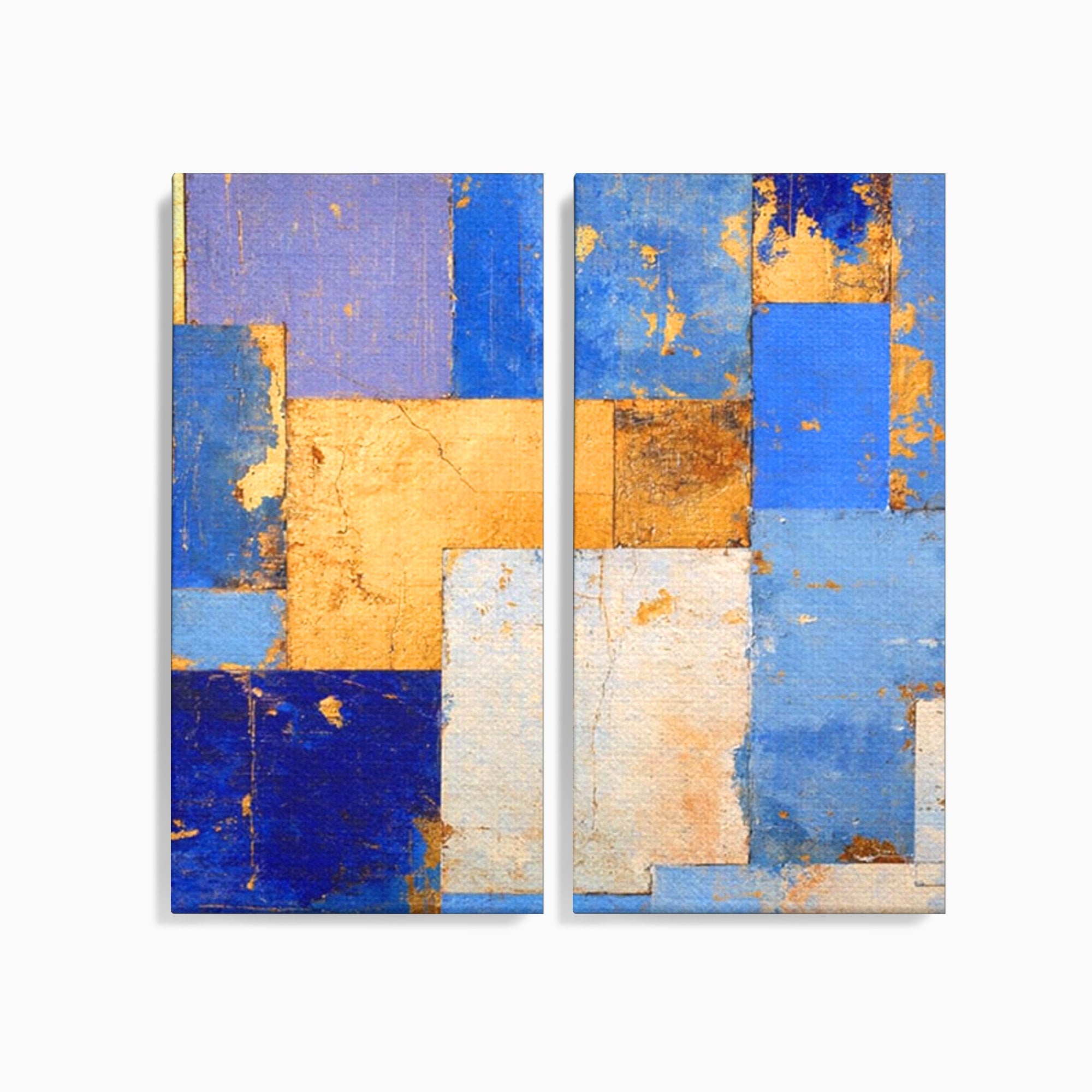 Set 2 Tablouri Canvas Premium LuxCanva® C2-1283, Aurul linistii albastre, Geometrie, Culori, Abstract, Albastru, Galben, Contrast, Delicatete, Pace, Seninatate, Estetica, Expozitie, Birou, Living, Dormitor
