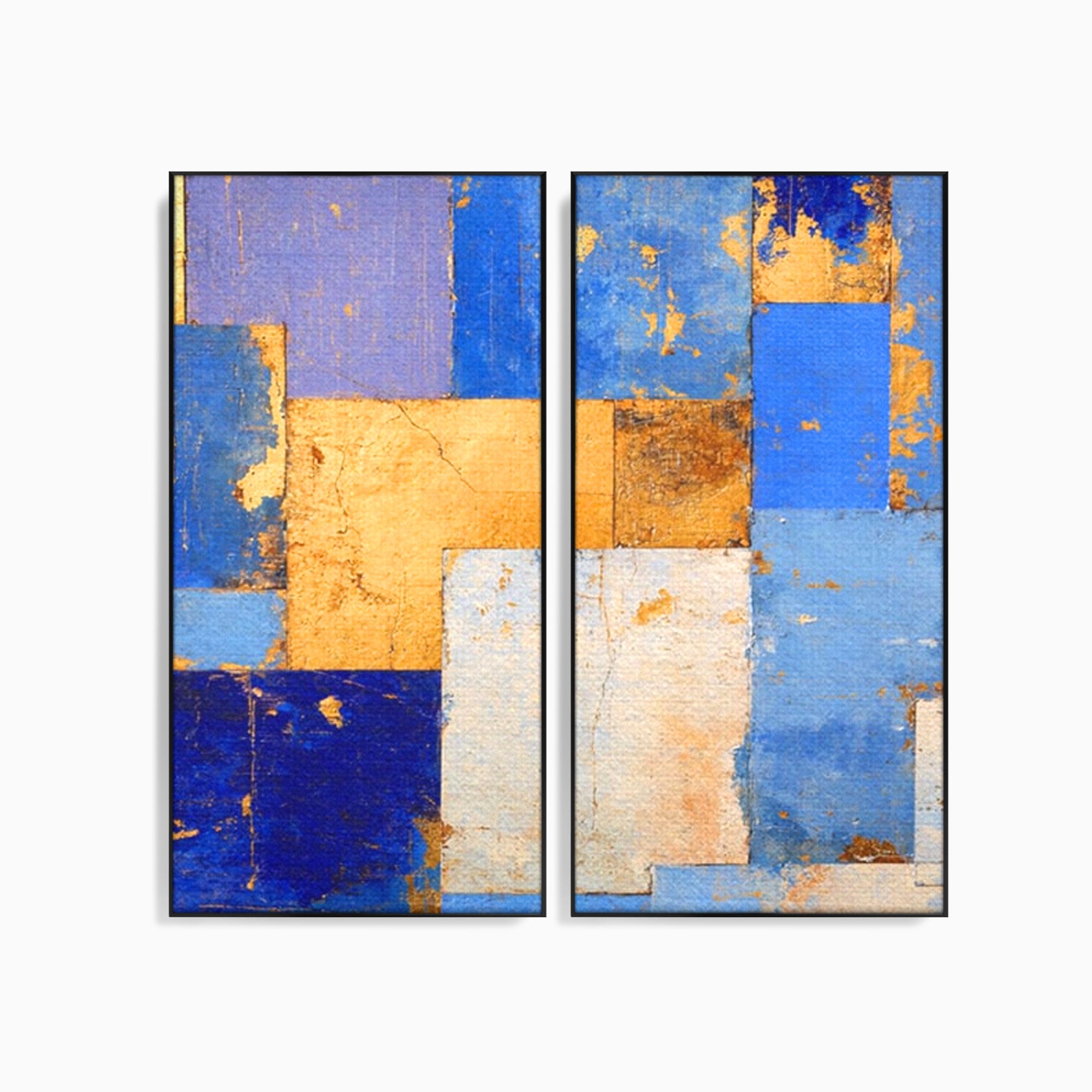 Set 2 Tablouri Canvas Premium LuxCanva® C2-1283, Aurul linistii albastre, Geometrie, Culori, Abstract, Albastru, Galben, Contrast, Delicatete, Pace, Seninatate, Estetica, Expozitie, Birou, Living, Dormitor