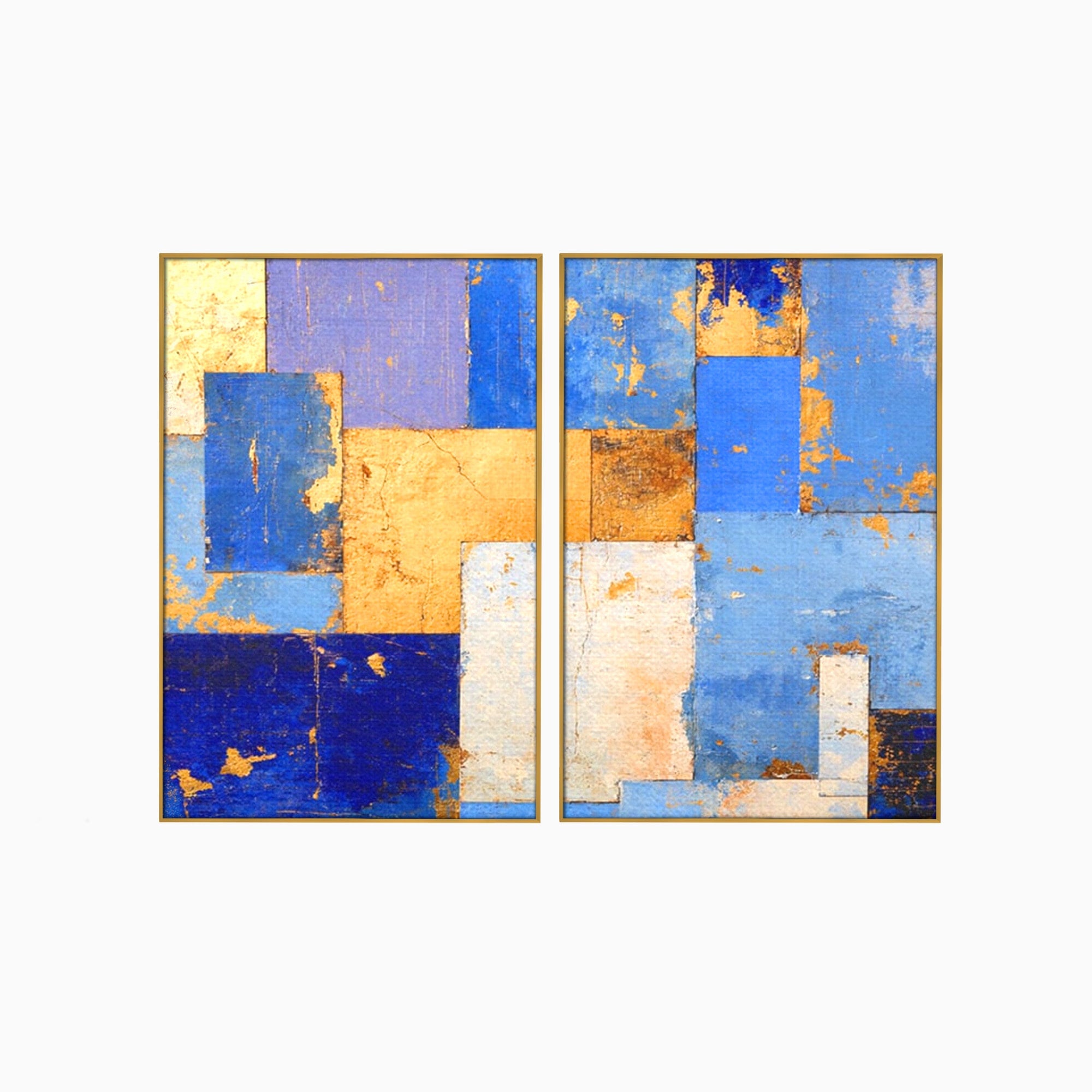 Set 2 Tablouri Canvas Premium LuxCanva® C2-1283, Aurul linistii albastre, Geometrie, Culori, Abstract, Albastru, Galben, Contrast, Delicatete, Pace, Seninatate, Estetica, Expozitie, Birou, Living, Dormitor