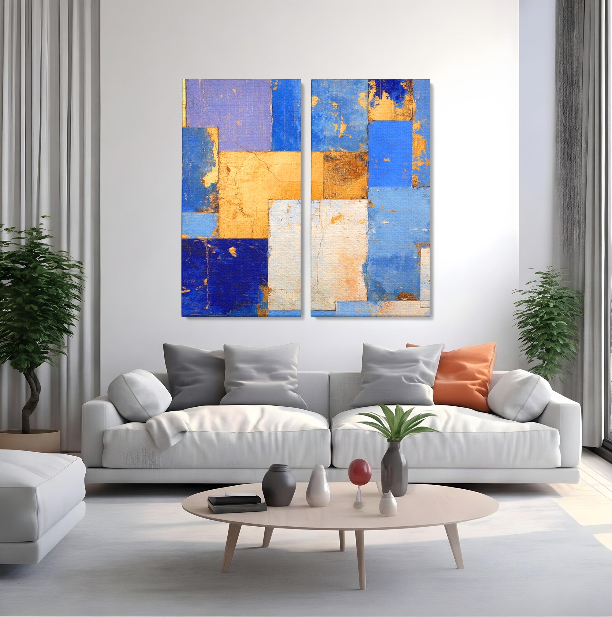 Set 2 Tablouri Canvas Premium LuxCanva® C2-1283, Aurul linistii albastre, Geometrie, Culori, Abstract, Albastru, Galben, Contrast, Delicatete, Pace, Seninatate, Estetica, Expozitie, Birou, Living, Dormitor