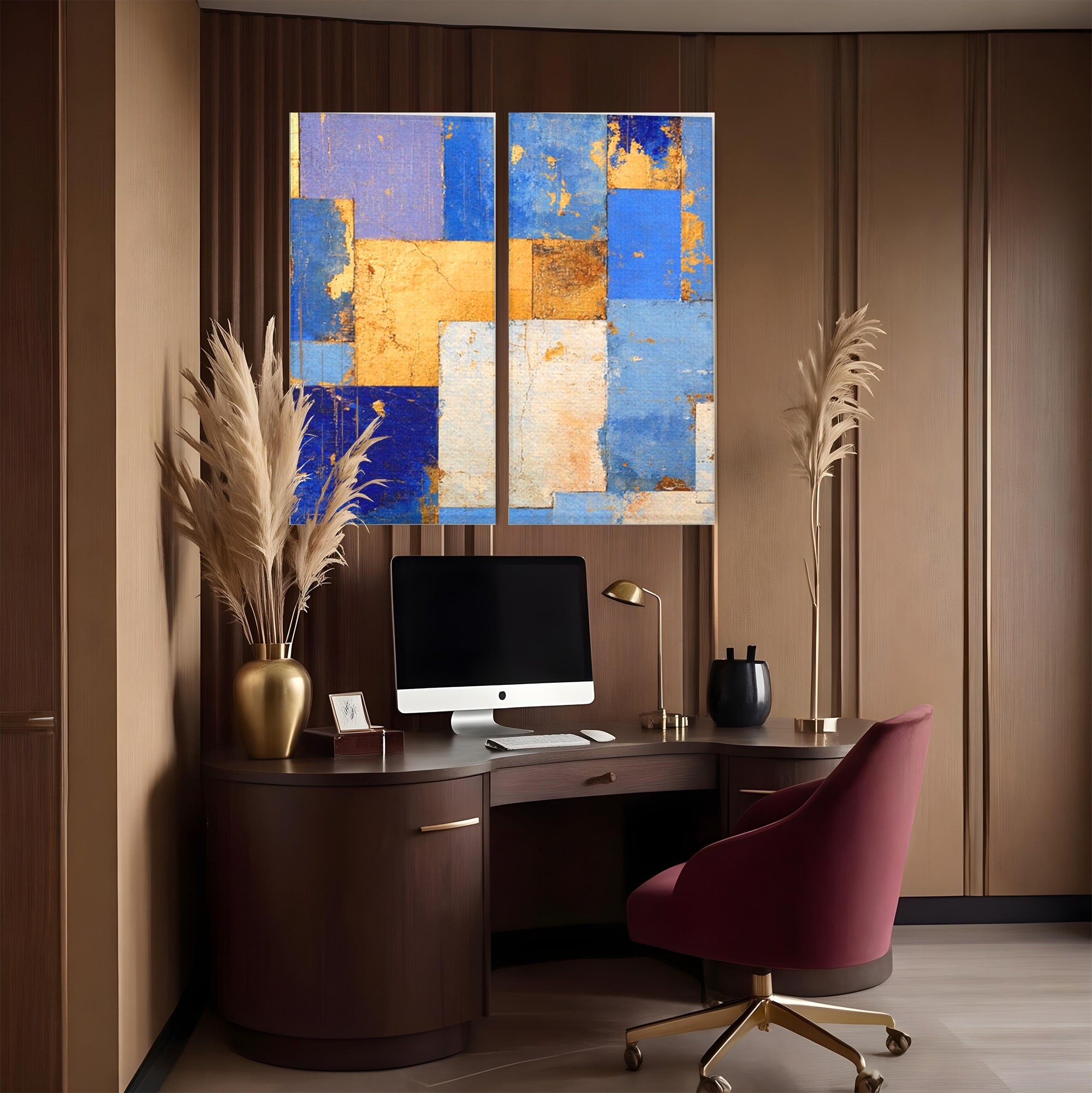 Set 2 Tablouri Canvas Premium LuxCanva® C2-1283, Aurul linistii albastre, Geometrie, Culori, Abstract, Albastru, Galben, Contrast, Delicatete, Pace, Seninatate, Estetica, Expozitie, Birou, Living, Dormitor