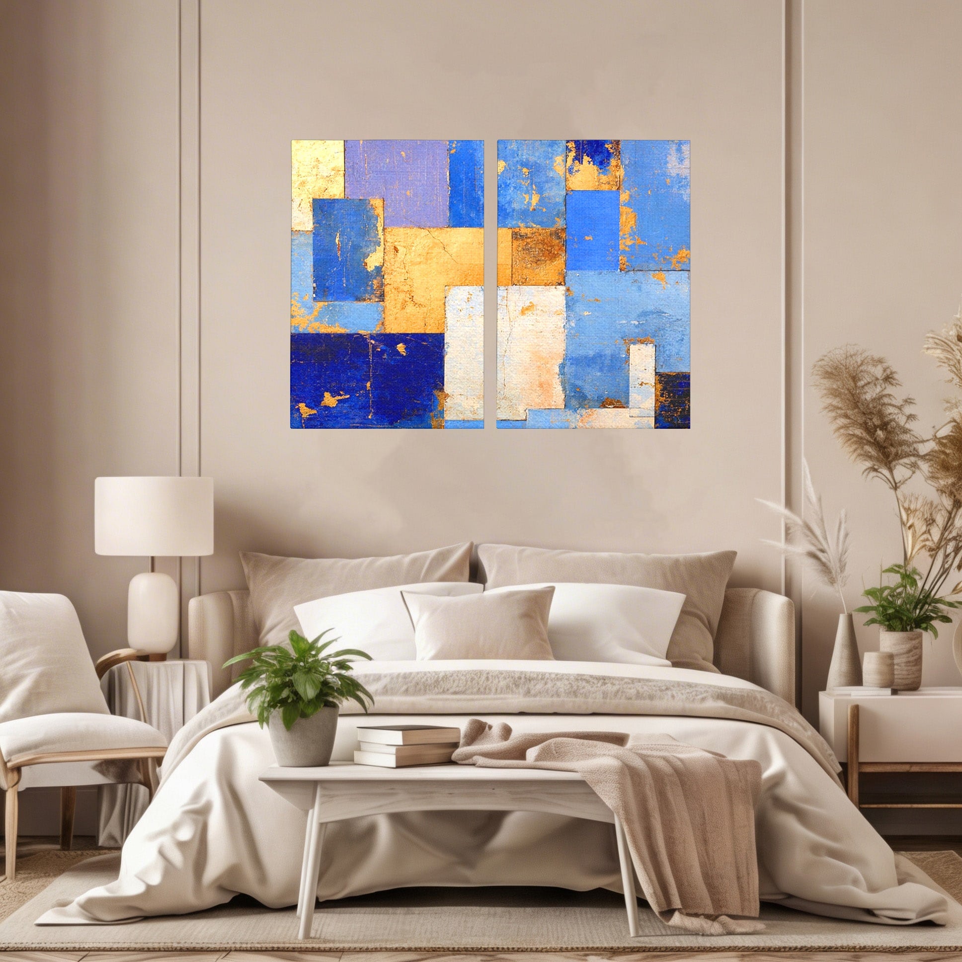 Set 2 Tablouri Canvas Premium LuxCanva® C2-1283, Aurul linistii albastre, Geometrie, Culori, Abstract, Albastru, Galben, Contrast, Delicatete, Pace, Seninatate, Estetica, Expozitie, Birou, Living, Dormitor