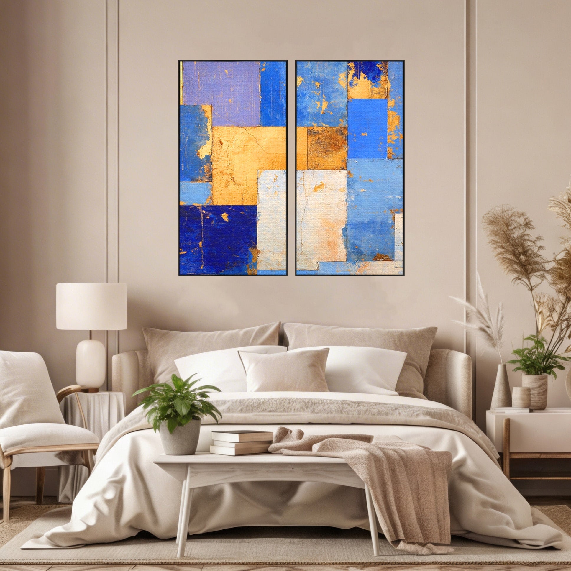 Set 2 Tablouri Canvas Premium LuxCanva® C2-1283, Aurul linistii albastre, Geometrie, Culori, Abstract, Albastru, Galben, Contrast, Delicatete, Pace, Seninatate, Estetica, Expozitie, Birou, Living, Dormitor