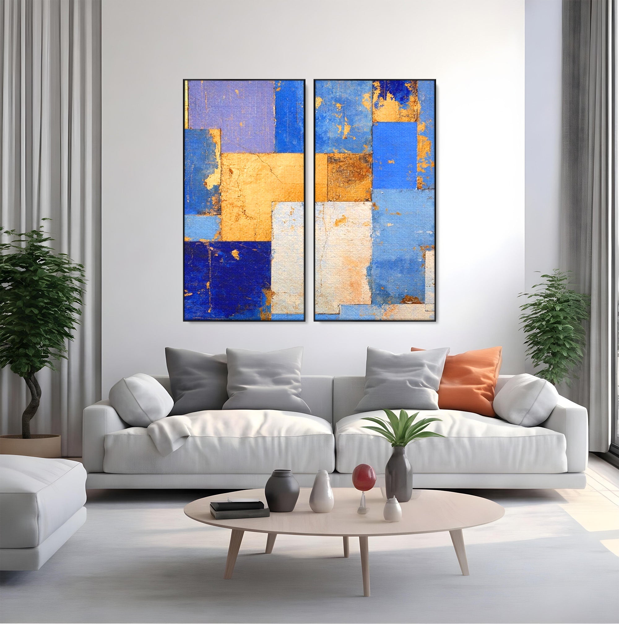 Set 2 Tablouri Canvas Premium LuxCanva® C2-1283, Aurul linistii albastre, Geometrie, Culori, Abstract, Albastru, Galben, Contrast, Delicatete, Pace, Seninatate, Estetica, Expozitie, Birou, Living, Dormitor