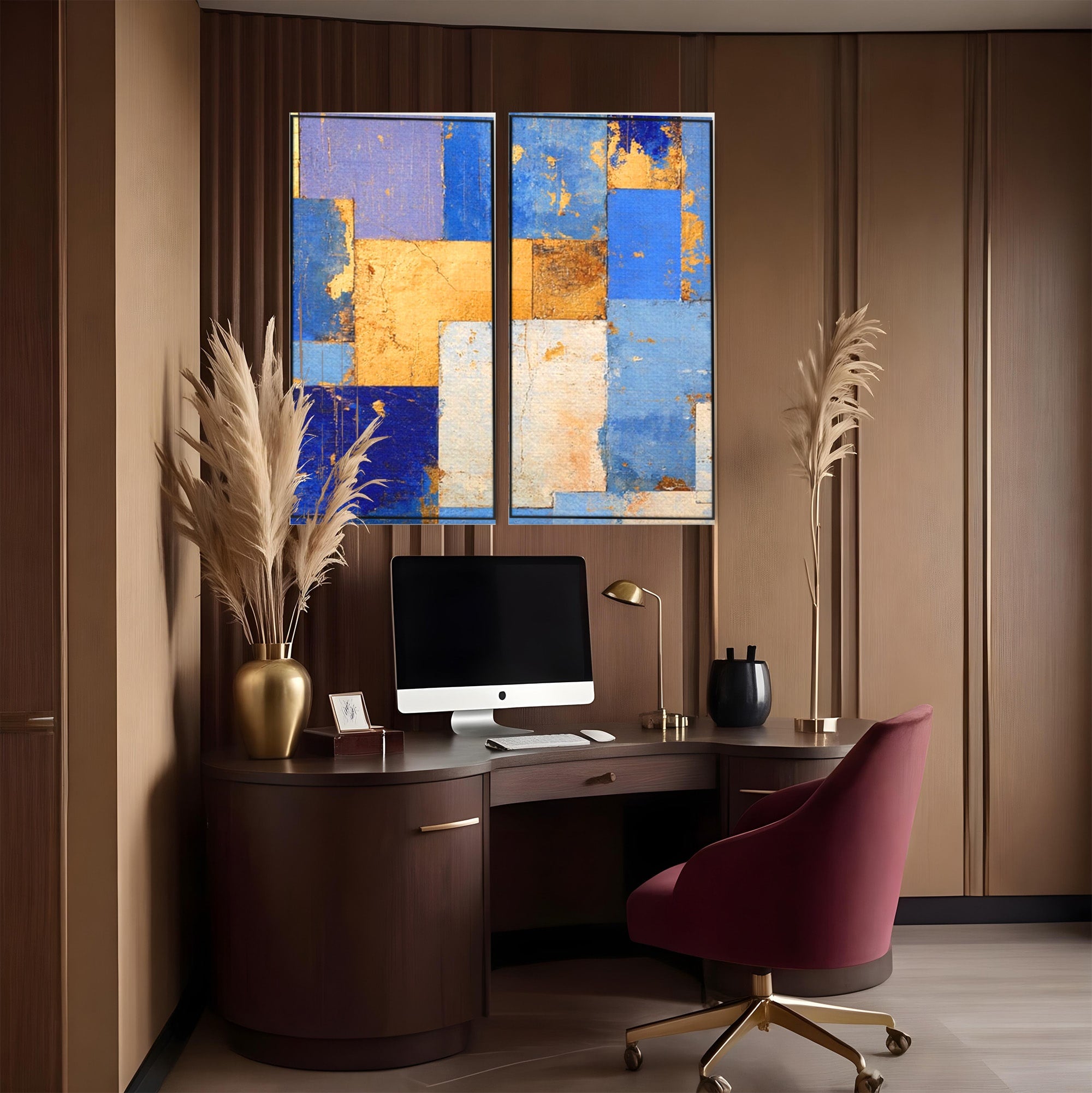 Set 2 Tablouri Canvas Premium LuxCanva® C2-1283, Aurul linistii albastre, Geometrie, Culori, Abstract, Albastru, Galben, Contrast, Delicatete, Pace, Seninatate, Estetica, Expozitie, Birou, Living, Dormitor