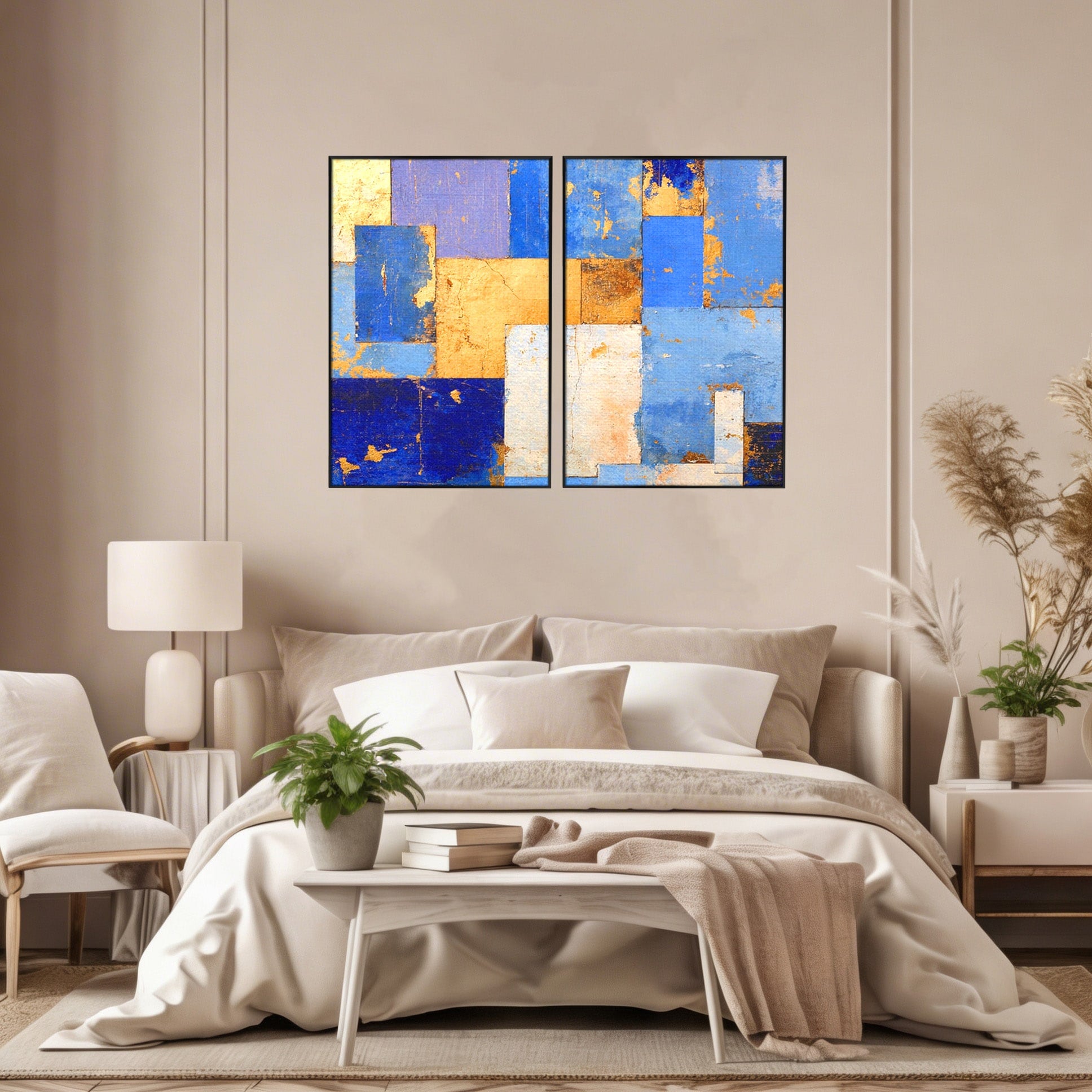 Set 2 Tablouri Canvas Premium LuxCanva® C2-1283, Aurul linistii albastre, Geometrie, Culori, Abstract, Albastru, Galben, Contrast, Delicatete, Pace, Seninatate, Estetica, Expozitie, Birou, Living, Dormitor