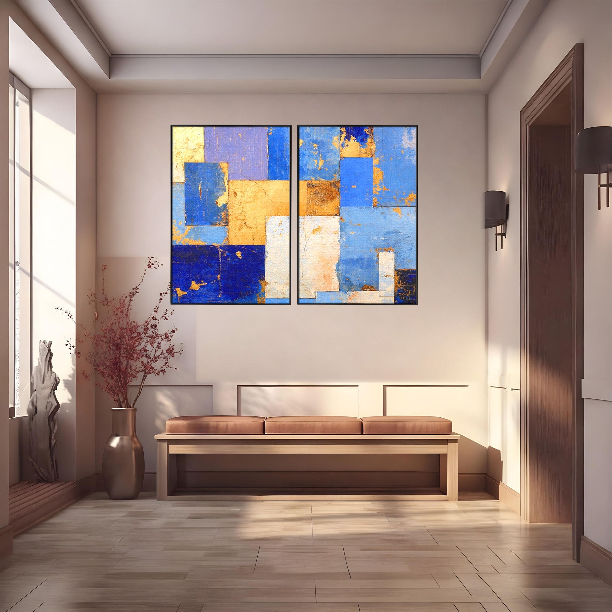 Set 2 Tablouri Canvas Premium LuxCanva® C2-1283, Aurul linistii albastre, Geometrie, Culori, Abstract, Albastru, Galben, Contrast, Delicatete, Pace, Seninatate, Estetica, Expozitie, Birou, Living, Dormitor