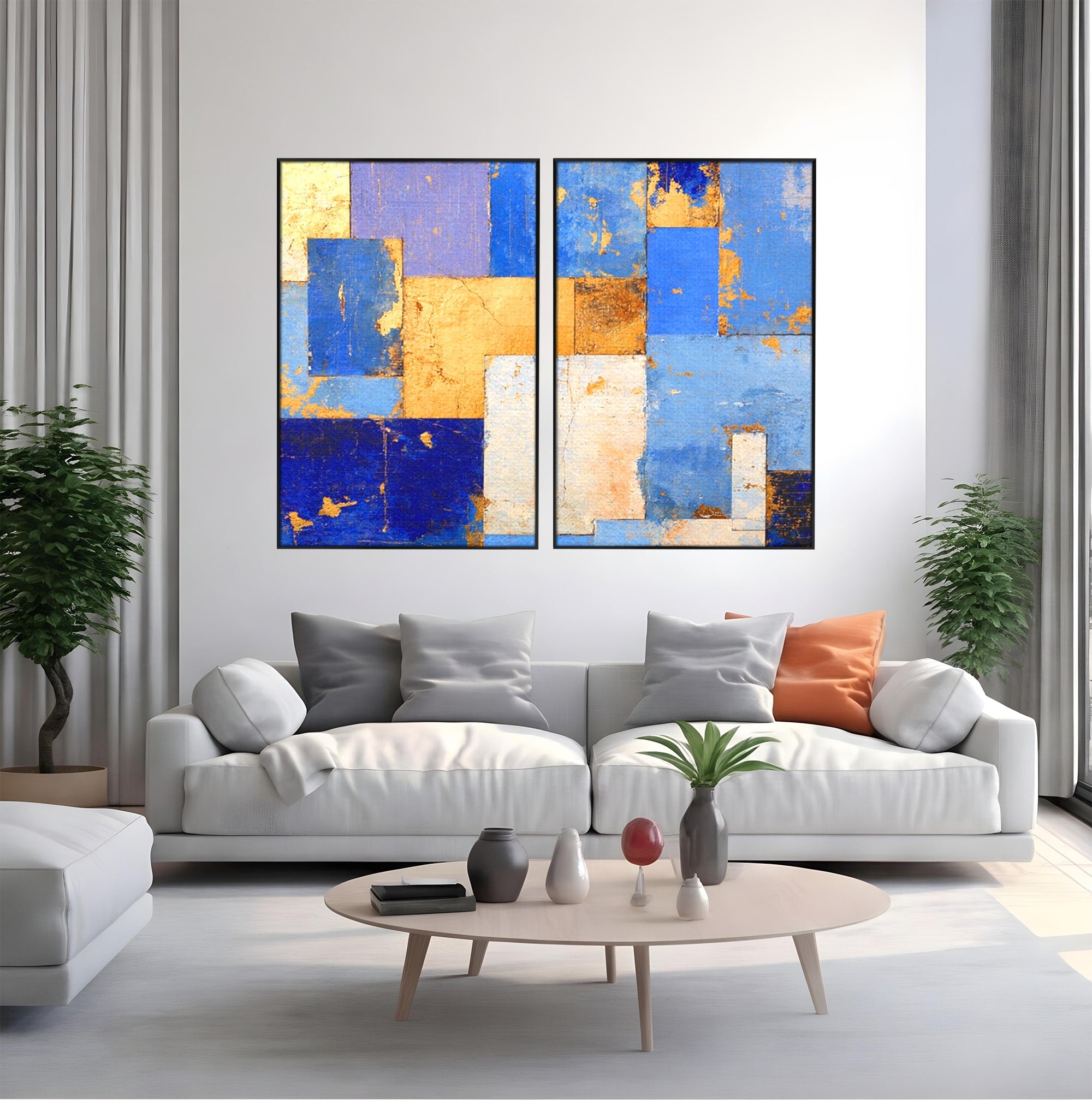 Set 2 Tablouri Canvas Premium LuxCanva® C2-1283, Aurul linistii albastre, Geometrie, Culori, Abstract, Albastru, Galben, Contrast, Delicatete, Pace, Seninatate, Estetica, Expozitie, Birou, Living, Dormitor