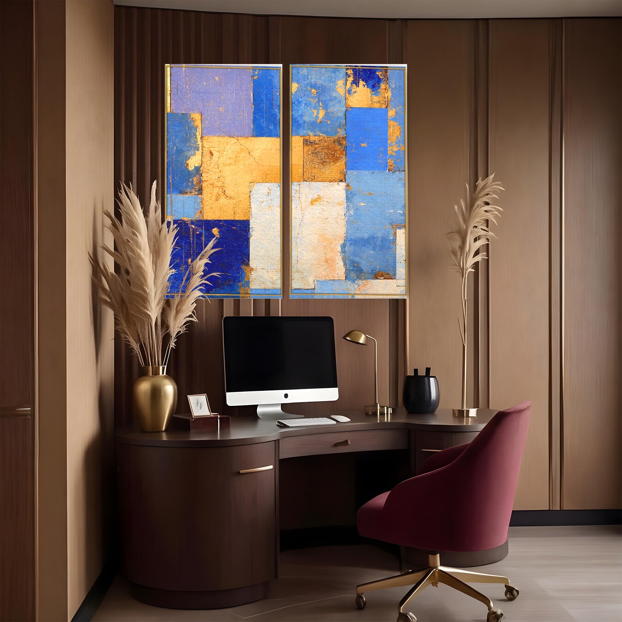 Set 2 Tablouri Canvas Premium LuxCanva® C2-1283, Aurul linistii albastre, Geometrie, Culori, Abstract, Albastru, Galben, Contrast, Delicatete, Pace, Seninatate, Estetica, Expozitie, Birou, Living, Dormitor