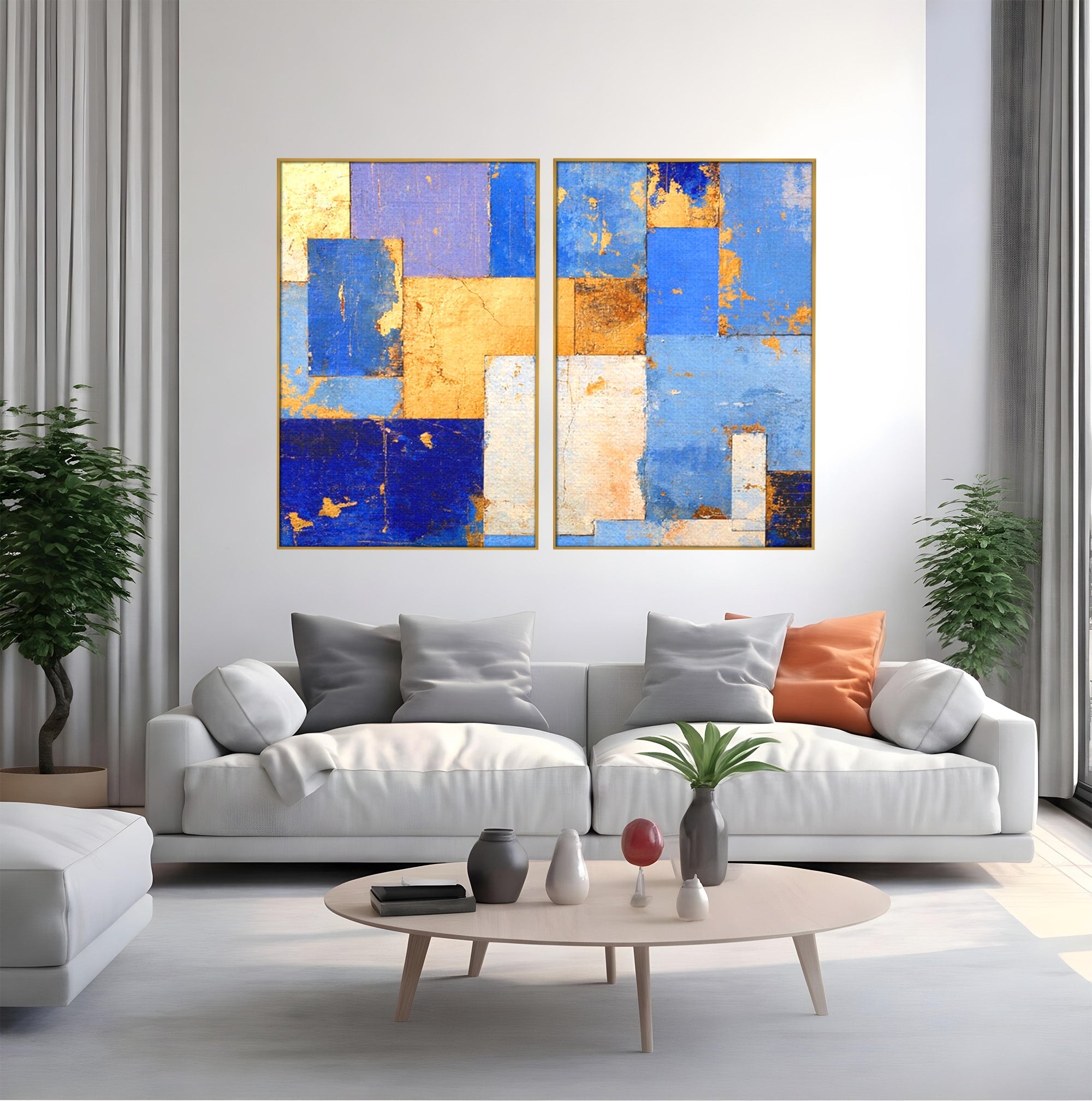 Set 2 Tablouri Canvas Premium LuxCanva® C2-1283, Aurul linistii albastre, Geometrie, Culori, Abstract, Albastru, Galben, Contrast, Delicatete, Pace, Seninatate, Estetica, Expozitie, Birou, Living, Dormitor