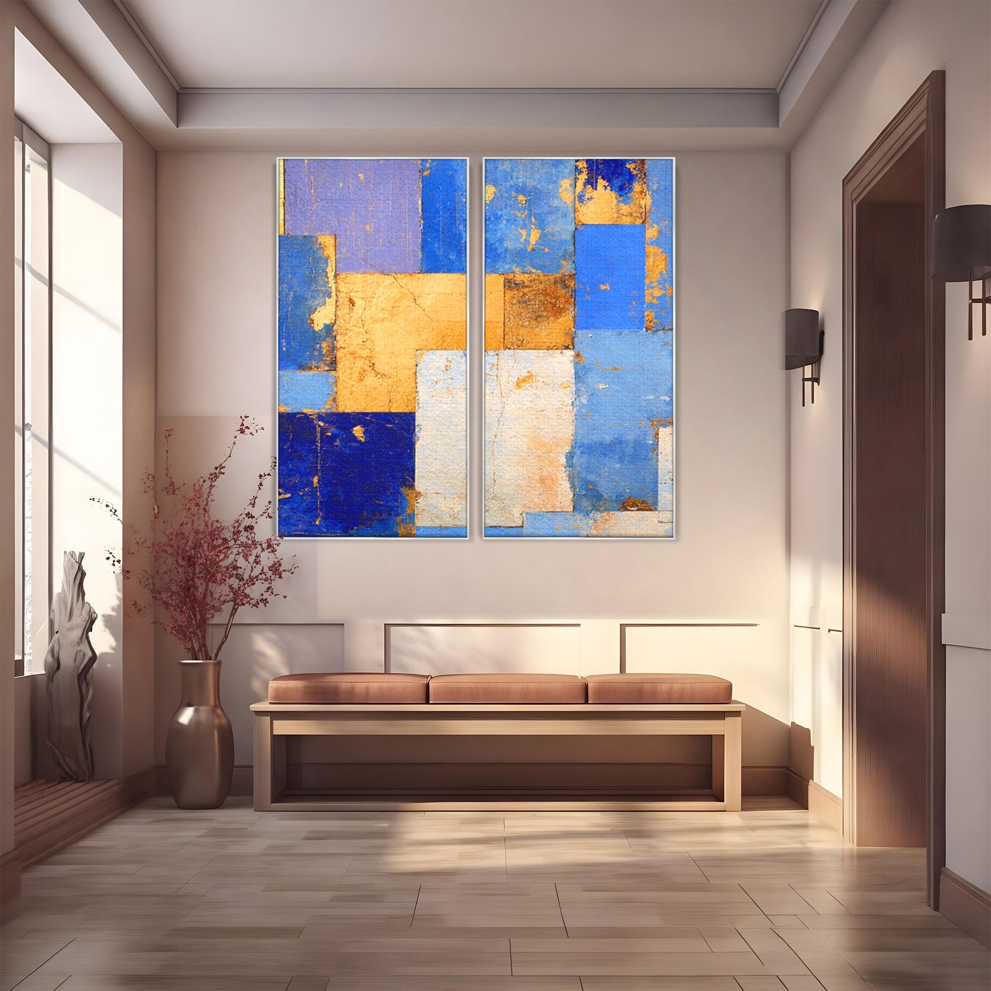 Set 2 Tablouri Canvas Premium LuxCanva® C2-1283, Aurul linistii albastre, Geometrie, Culori, Abstract, Albastru, Galben, Contrast, Delicatete, Pace, Seninatate, Estetica, Expozitie, Birou, Living, Dormitor
