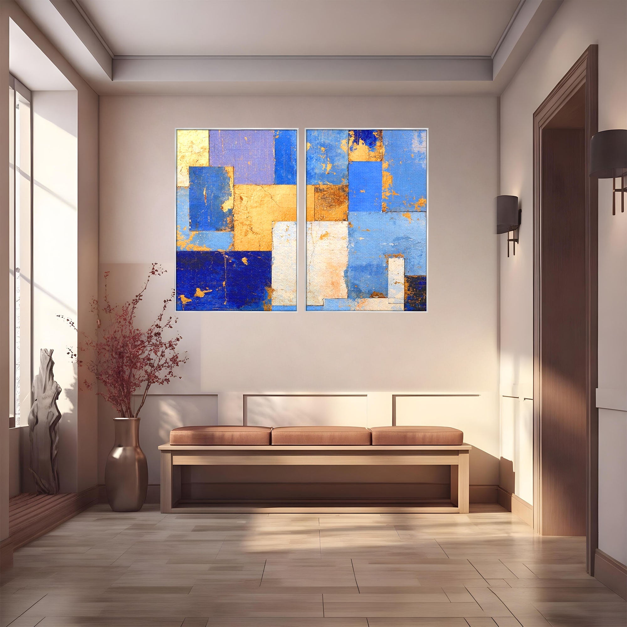 Set 2 Tablouri Canvas Premium LuxCanva® C2-1283, Aurul linistii albastre, Geometrie, Culori, Abstract, Albastru, Galben, Contrast, Delicatete, Pace, Seninatate, Estetica, Expozitie, Birou, Living, Dormitor